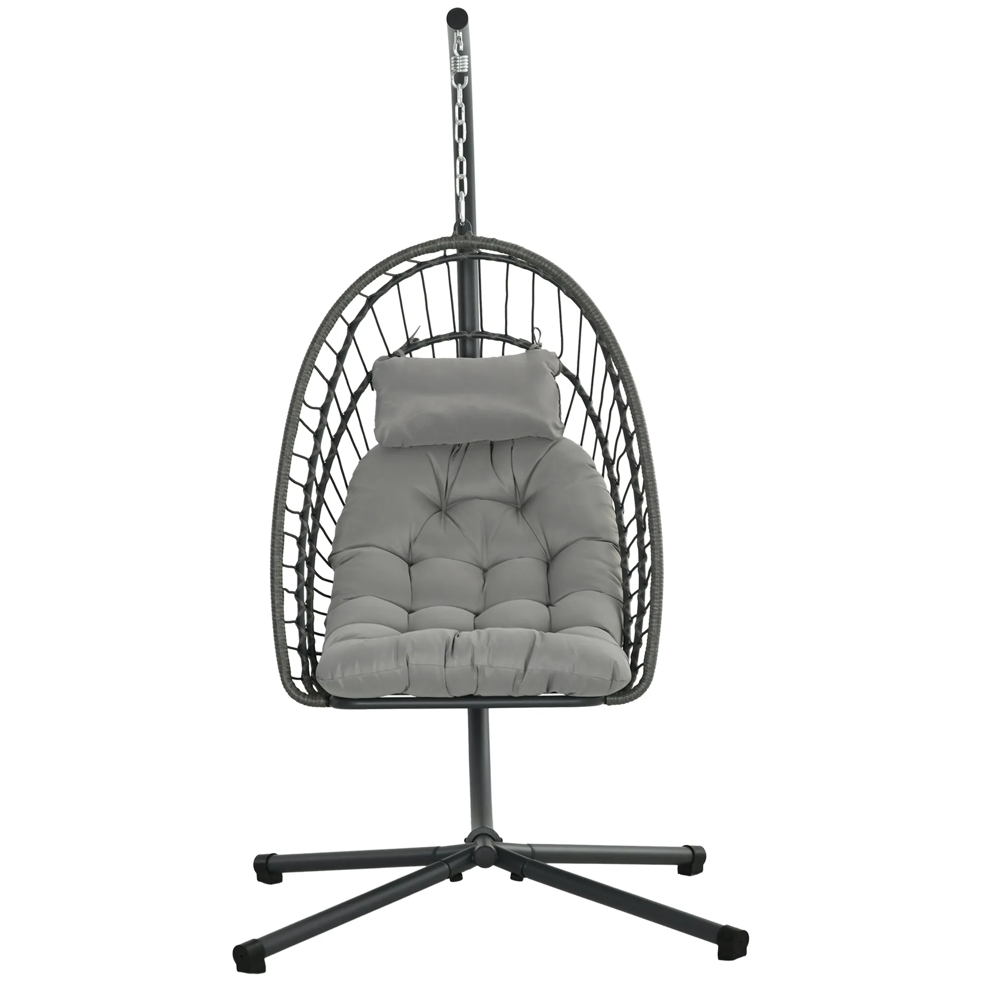 Hanging Armchair in PE Rattan with Cushion, Folding Seat and Steel Structure, Grey