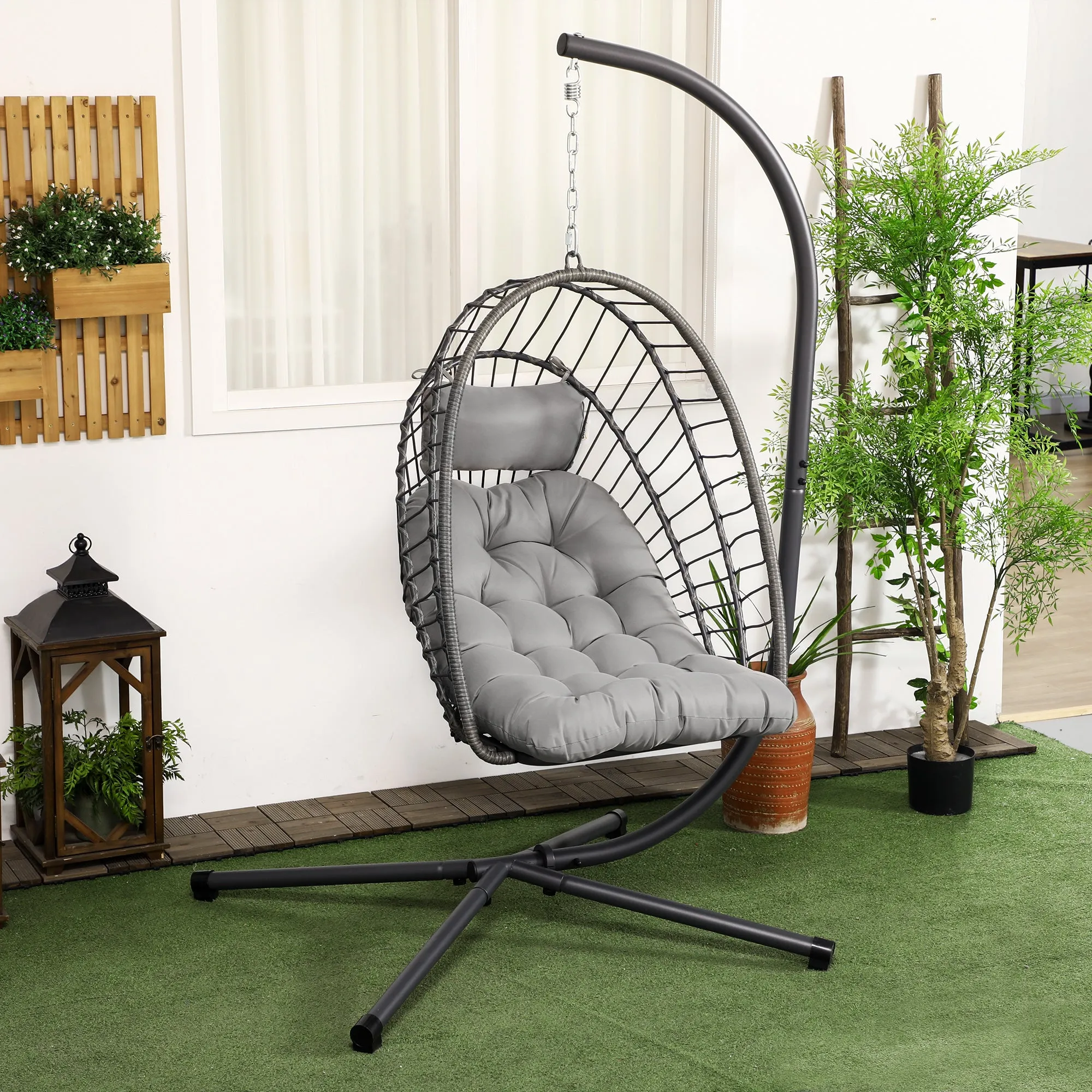 Hanging Armchair in PE Rattan with Cushion, Folding Seat and Steel Structure, Grey - Image 2
