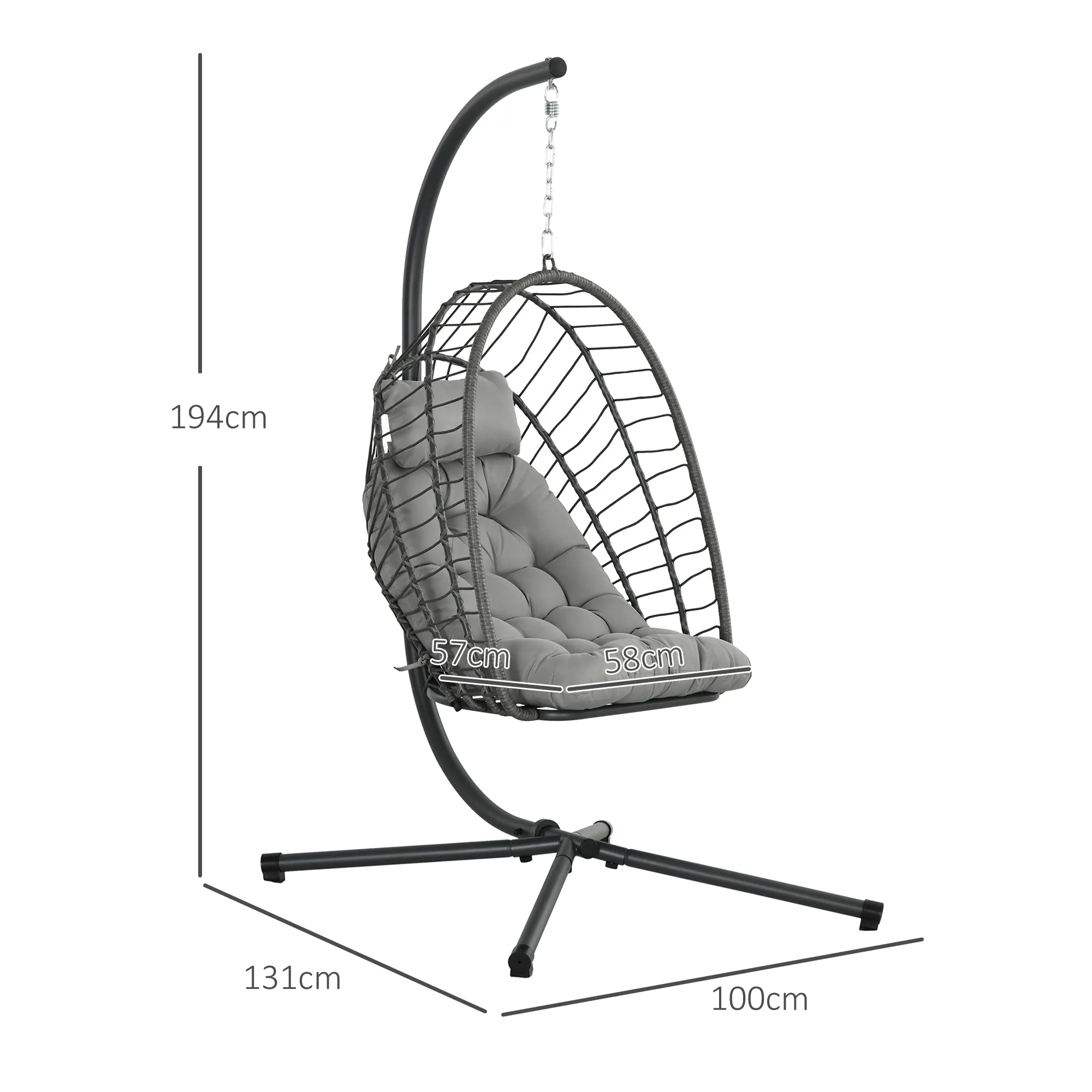 Hanging Armchair in PE Rattan with Cushion, Folding Seat and Steel Structure, Grey - Image 3