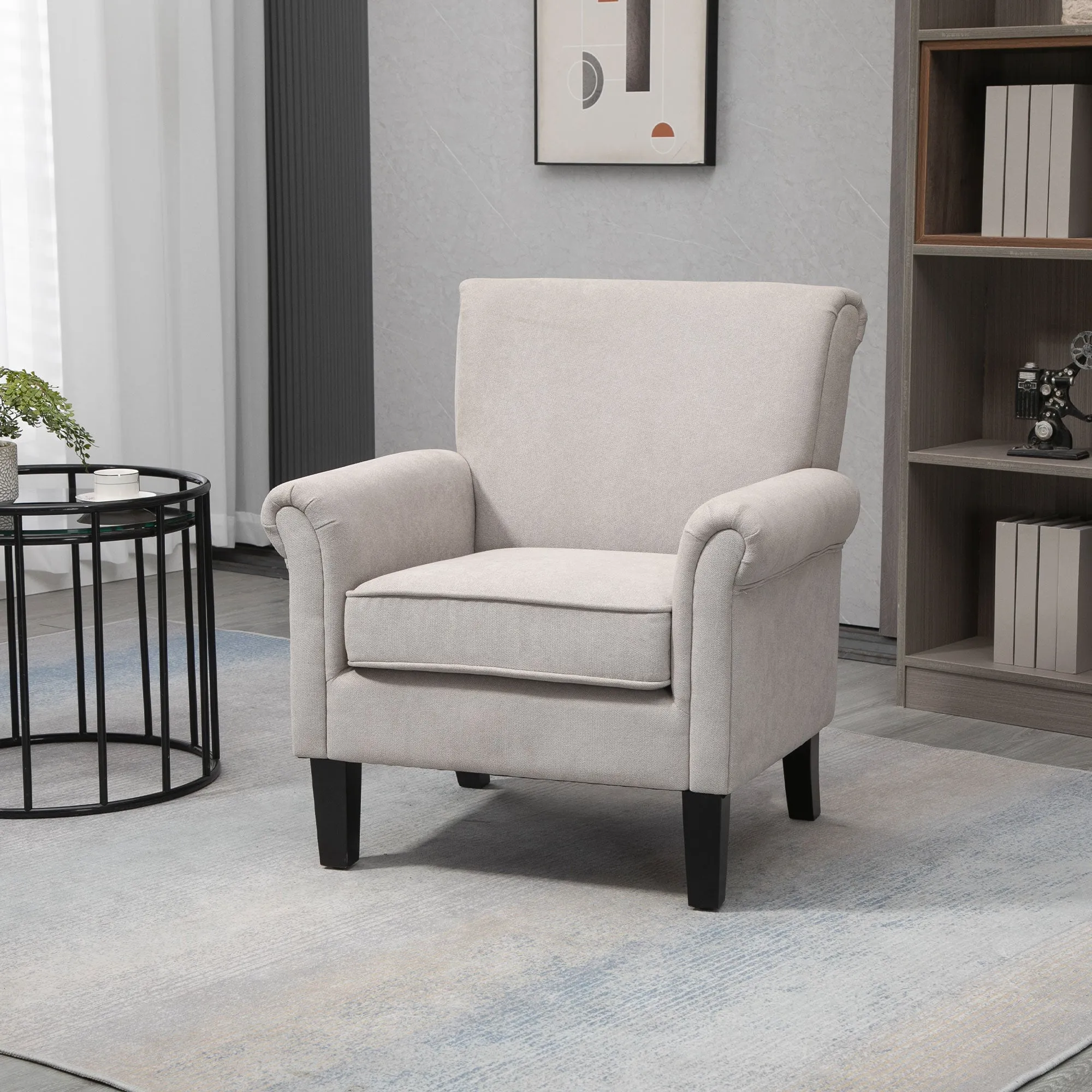 Nordic Style Armchair with Armrests, Wood and Polyester, 79x78x87 cm, Grey and Brown - Image 2