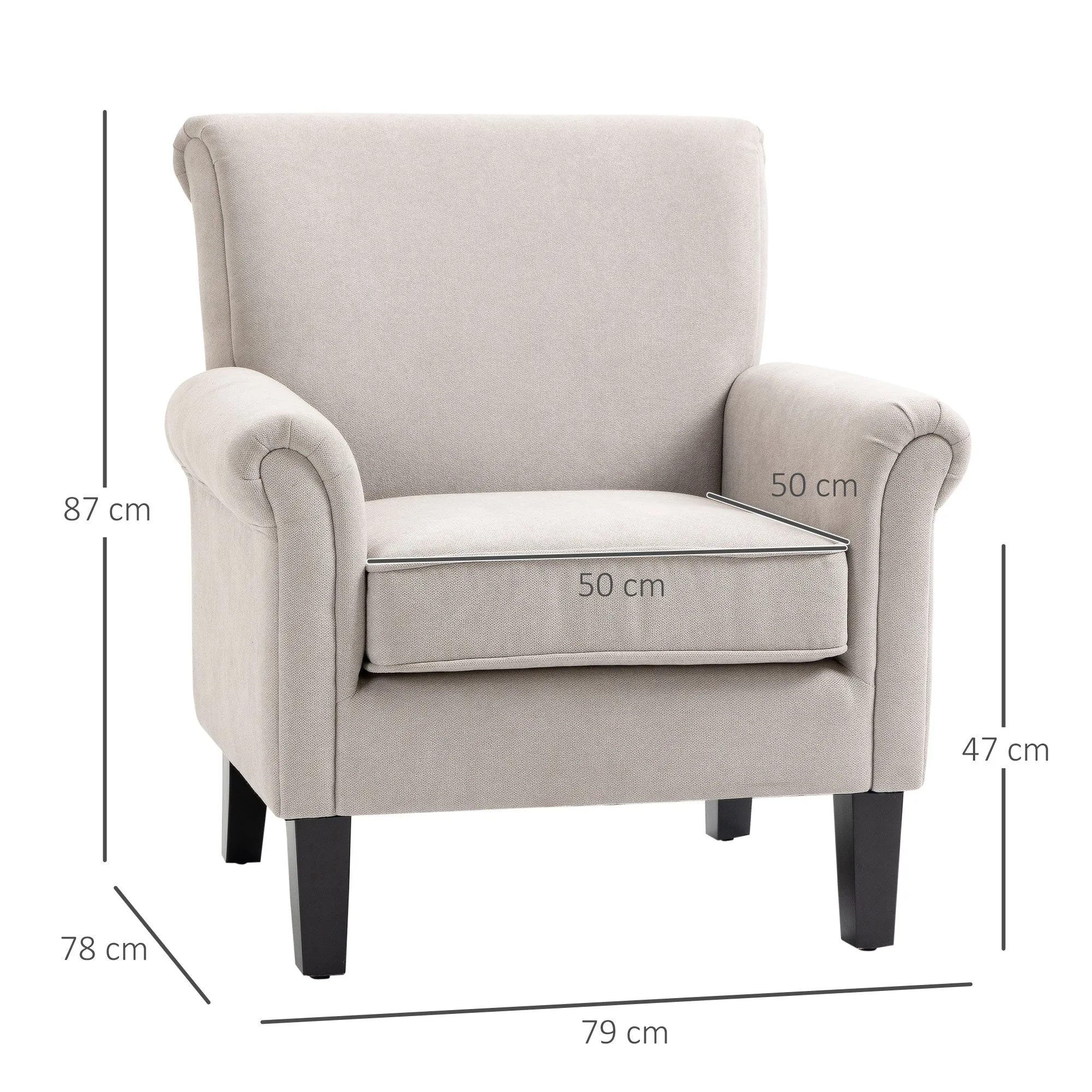 Nordic Style Armchair with Armrests, Wood and Polyester, 79x78x87 cm, Grey and Brown - Image 3