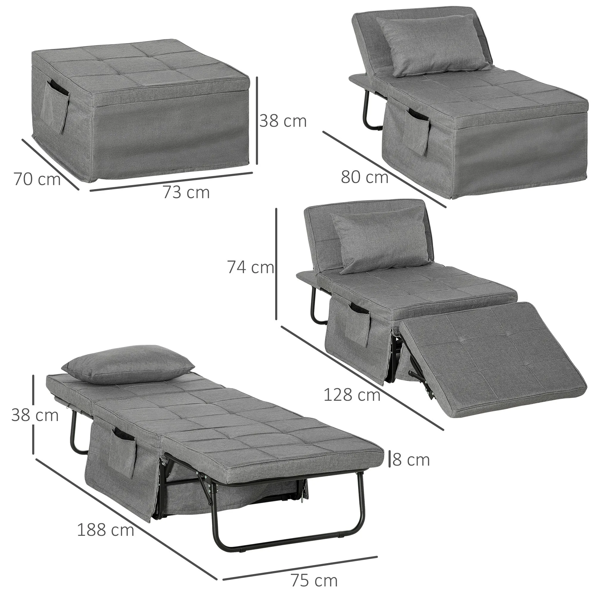 Ottoman 4 in 1 Multipurpose Folding Ottoman and single Bed with 5 Level Reclining Backrest, Grey - Image 3