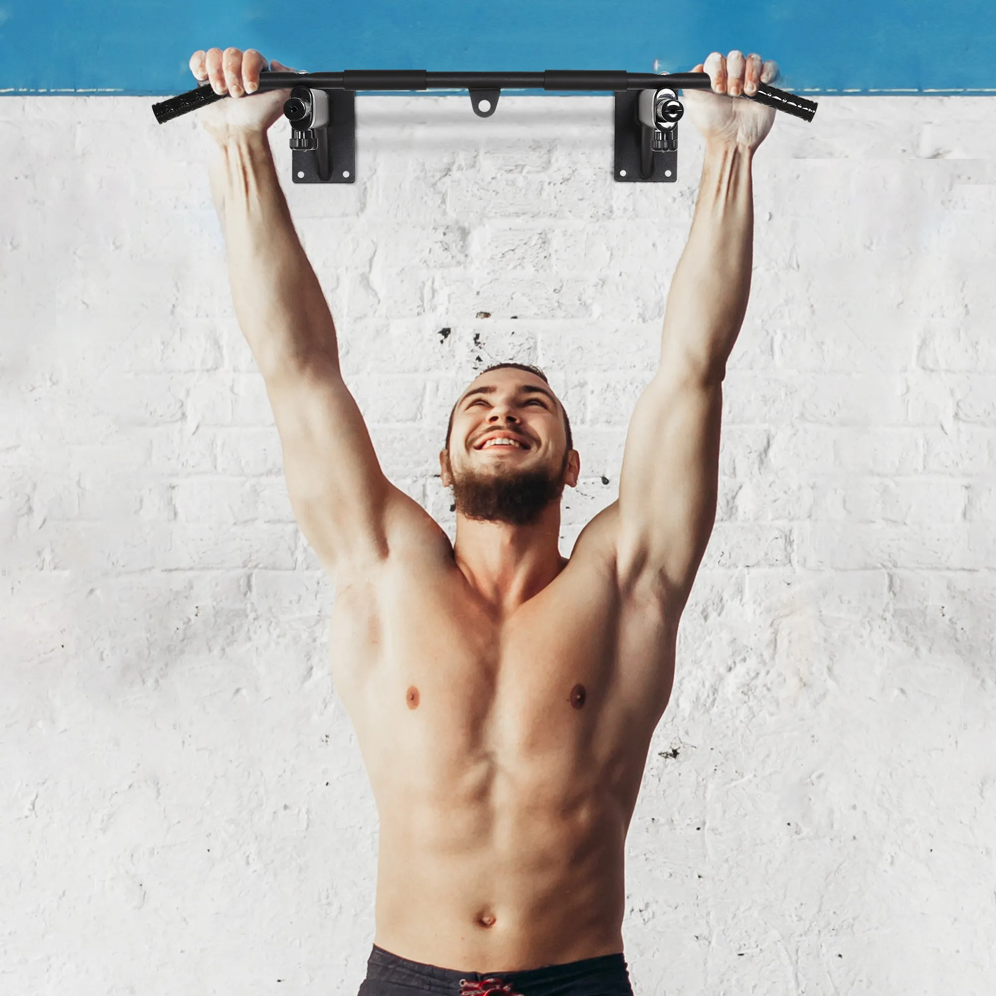 2 in 1 Wall Mounted Pull Up Bar with 3 Different Grips, Steel, 93.5x65x17 cm, Black - Image 2