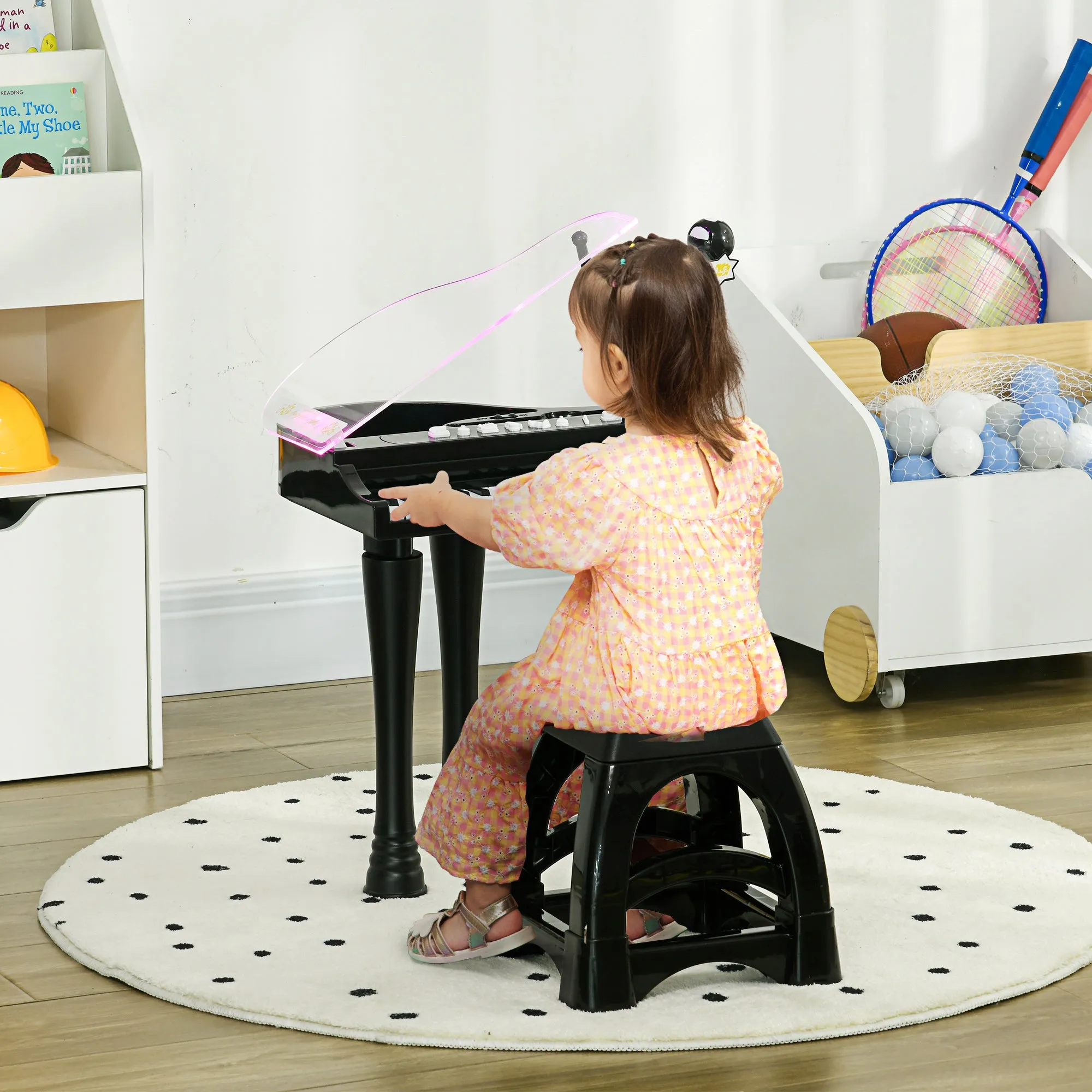 32-Key Kids Piano with Stool, Microphone, Music, Lights and Removable Legs, Black - Image 2