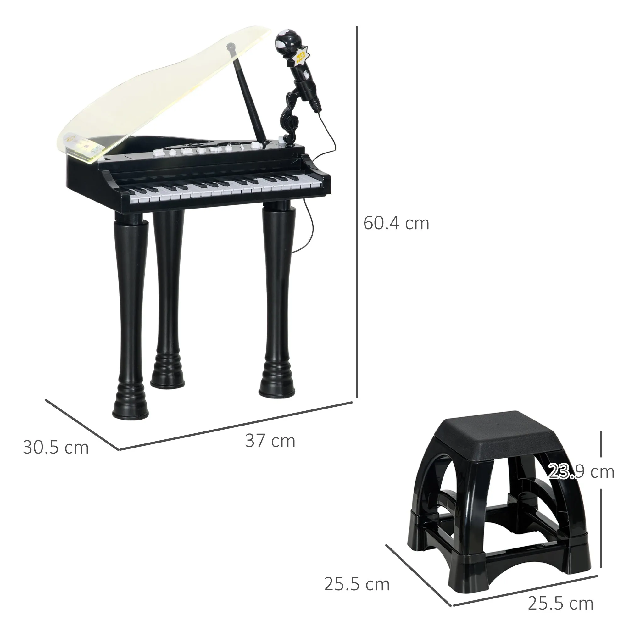32-Key Kids Piano with Stool, Microphone, Music, Lights and Removable Legs, Black - Image 3