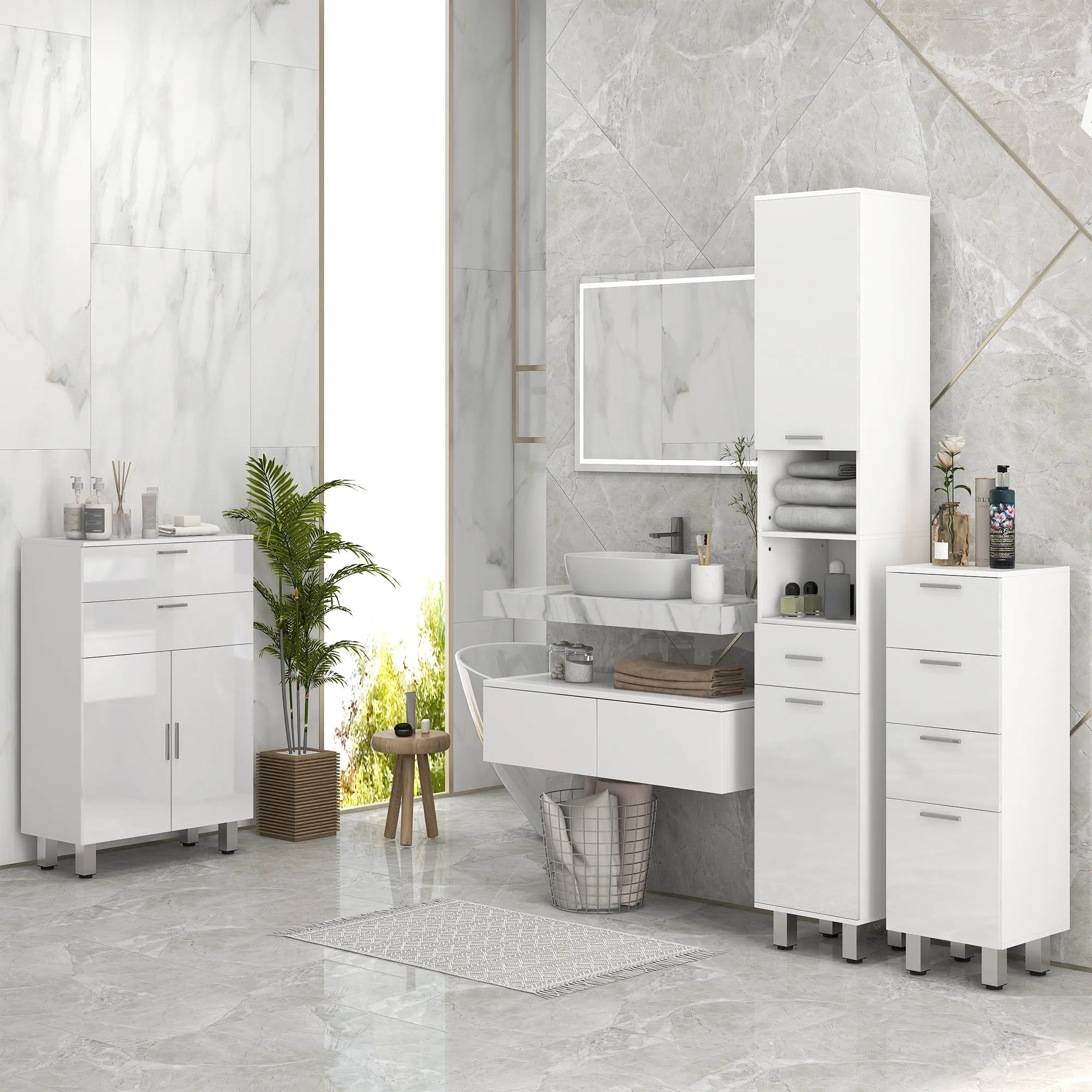 Bathroom Cabinet in Chipboard with 4 Drawers and Raised Base, 30x30x93 cm, White - Image 2