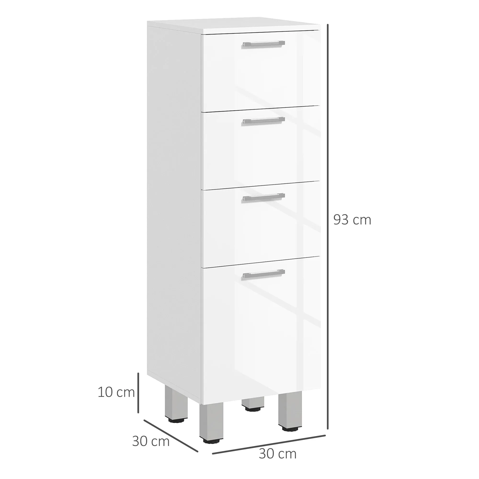 Bathroom Cabinet in Chipboard with 4 Drawers and Raised Base, 30x30x93 cm, White - Image 3