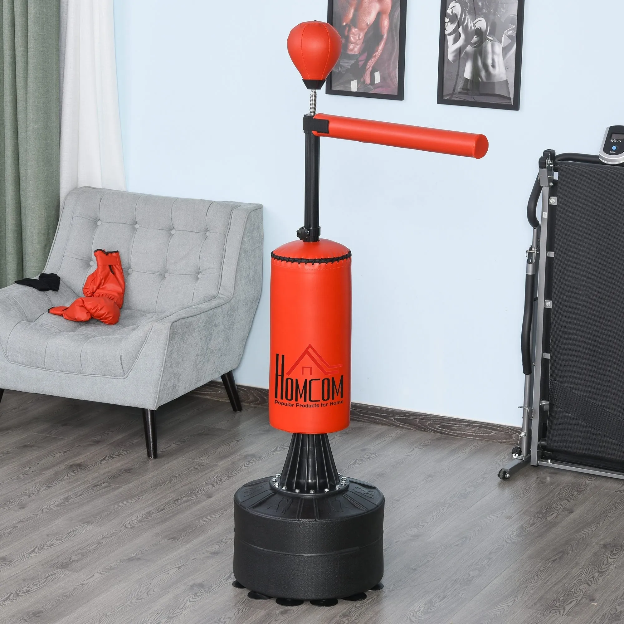 Height Adjustable Punching Bag with Punching Ball and Fillable Base, 88x48x155-205 cm, Red and Black - Image 2