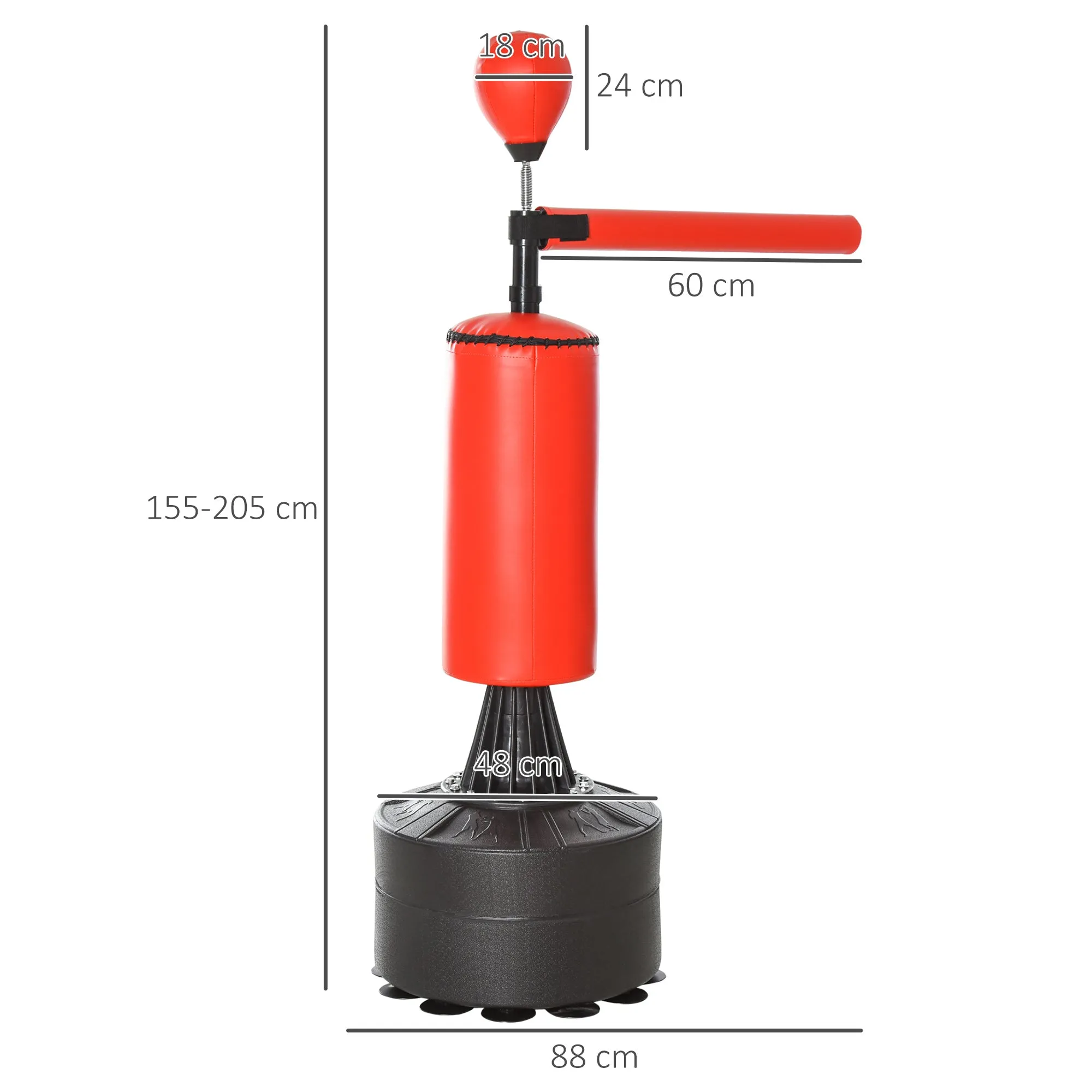 Height Adjustable Punching Bag with Punching Ball and Fillable Base, 88x48x155-205 cm, Red and Black - Image 3