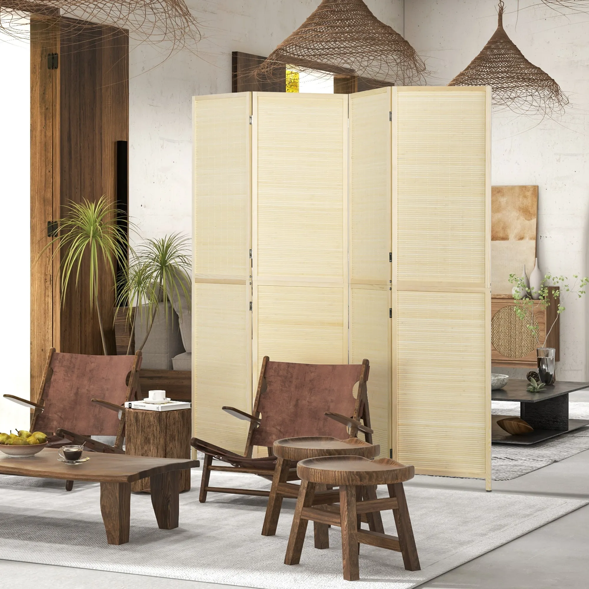 4-Panel Folding Room Divider, Bamboo Rattan Room Divider, 180x1.6x180cm - Image 2