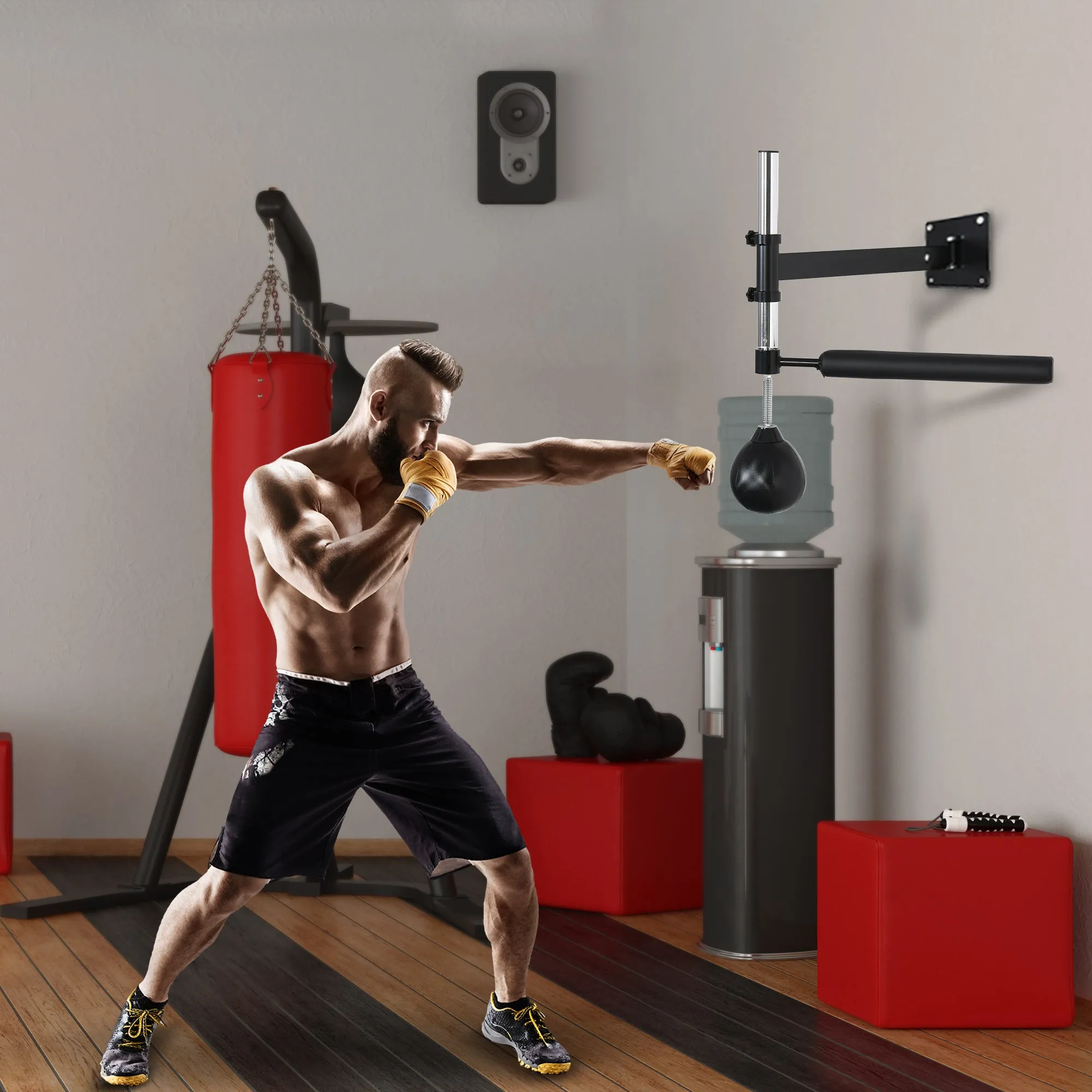 Height Adjustable Wall Mounted Speed Bag for Boxing and MMA with Pole, Steel and PU, 79x72x20 cm, Black - Image 2