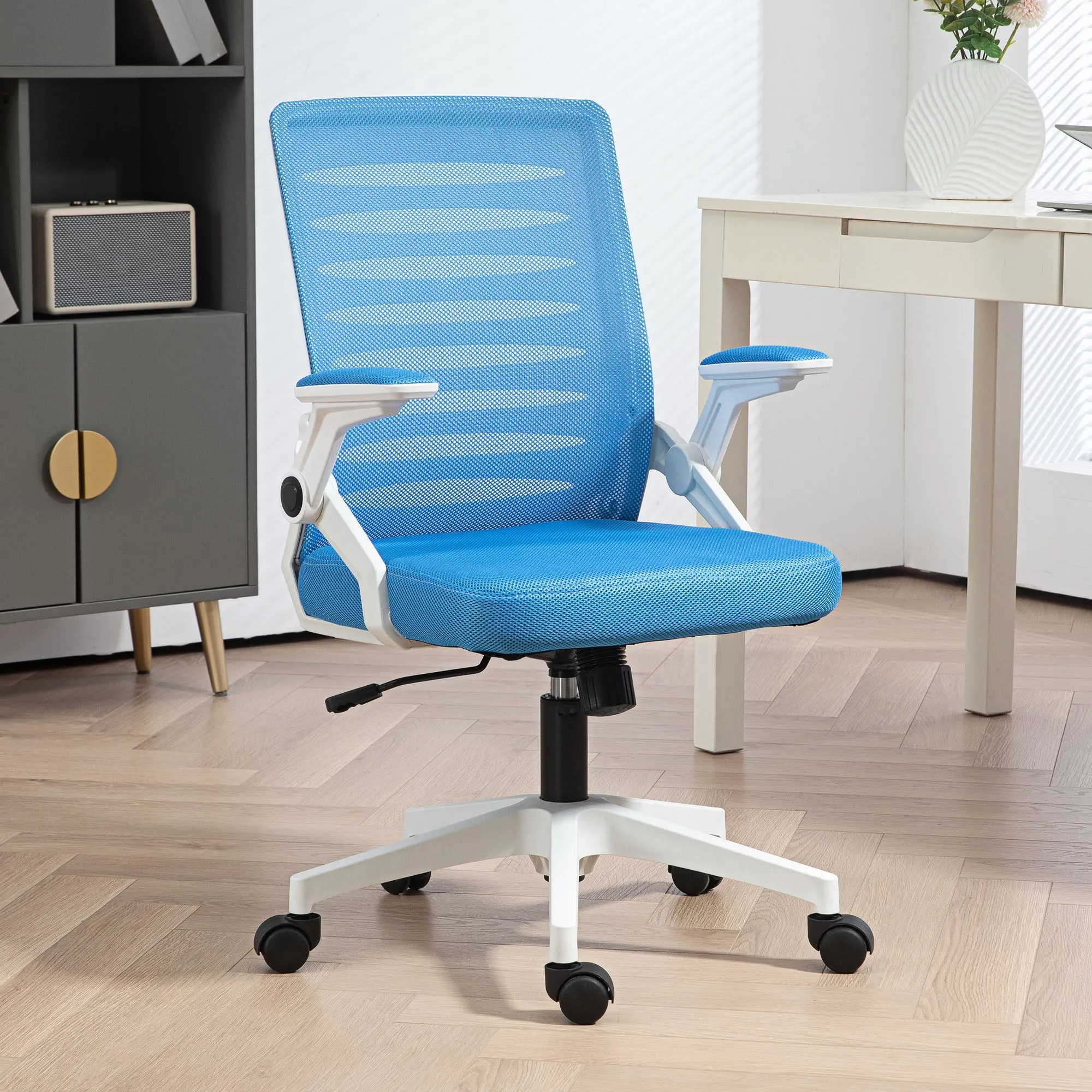 Ergonomic Swivel Chair with Adjustable Height and Armrests, 54x54x89-99 cm, White and Blue - Image 2