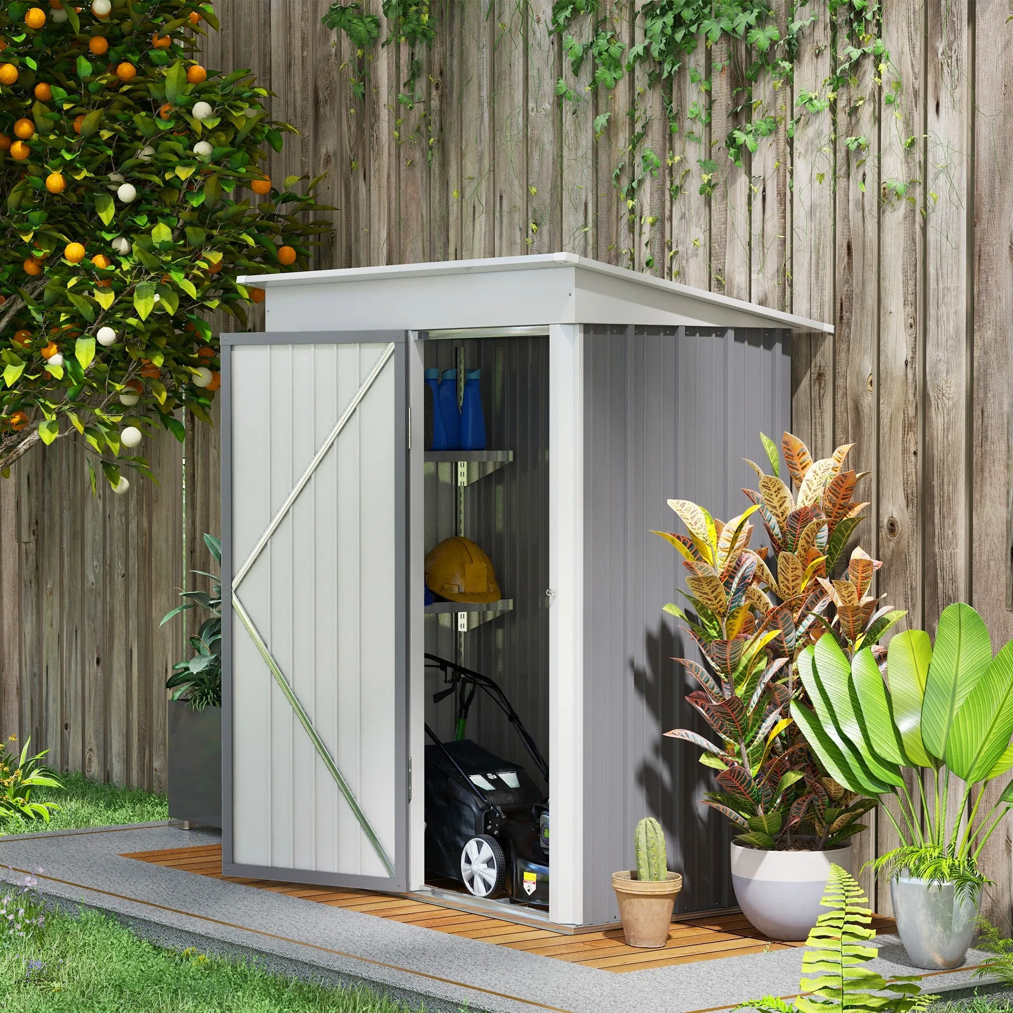 Steel Garden Storage Shed with Lockable Door, 161x95x163/181cm, Grey - Image 3