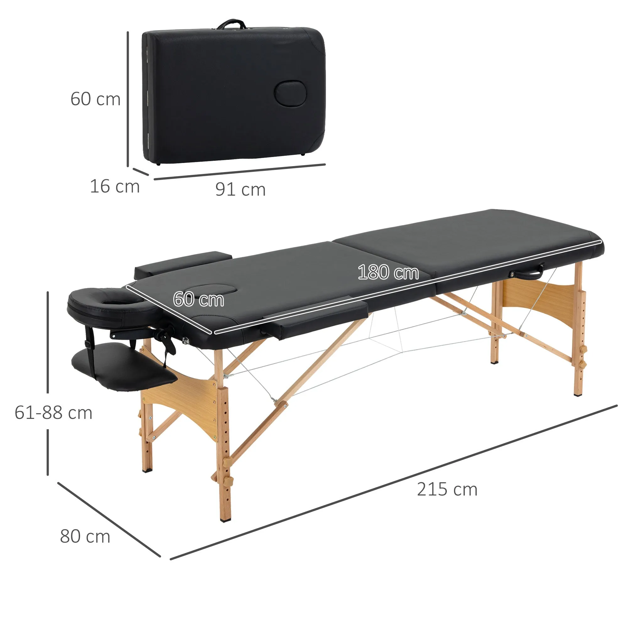 Professional Foldable Massage Table with Adjustable Height and Carrying Bag, Black - Image 3