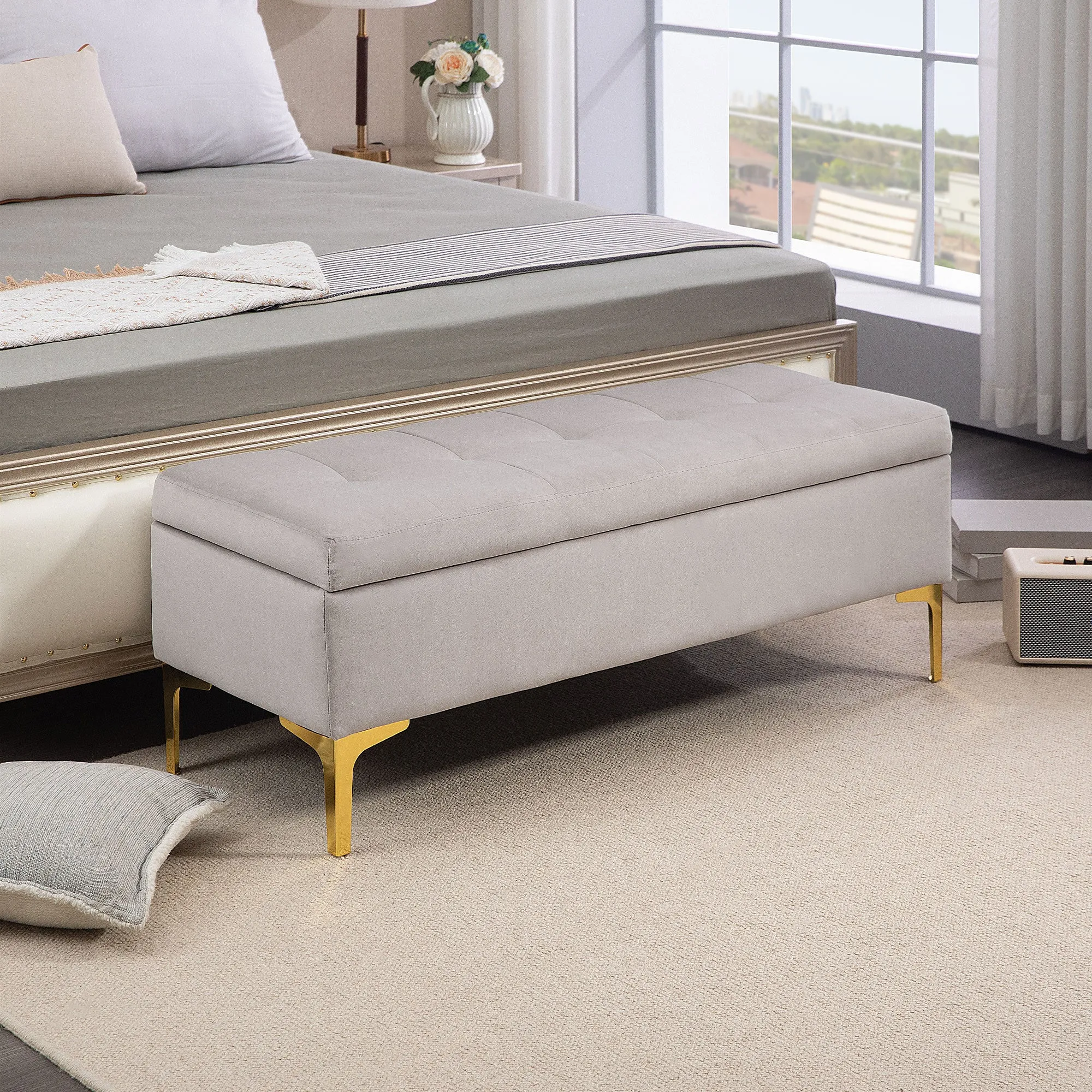 Bedside Storage Bench with Velvet Fabric and Golden Legs, 120x44x44.5cm, Light Grey - Image 3