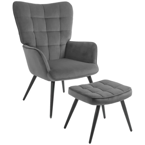 Upholstered Armchair with Armrests and Integrated Footrest in Dark Grey Velvet Effect Fabric