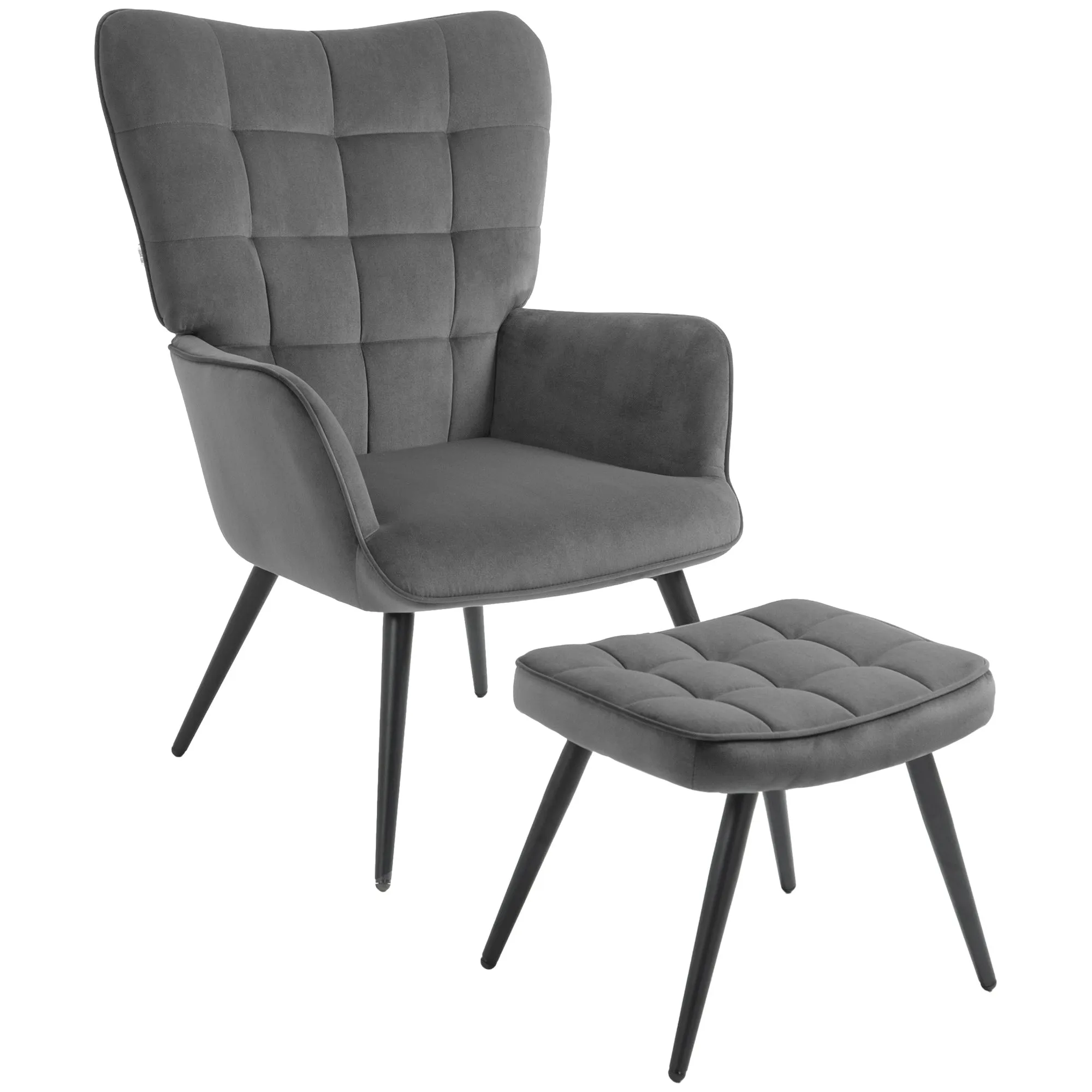 Upholstered Armchair with Armrests and Integrated Footrest in Dark Grey Velvet Effect Fabric