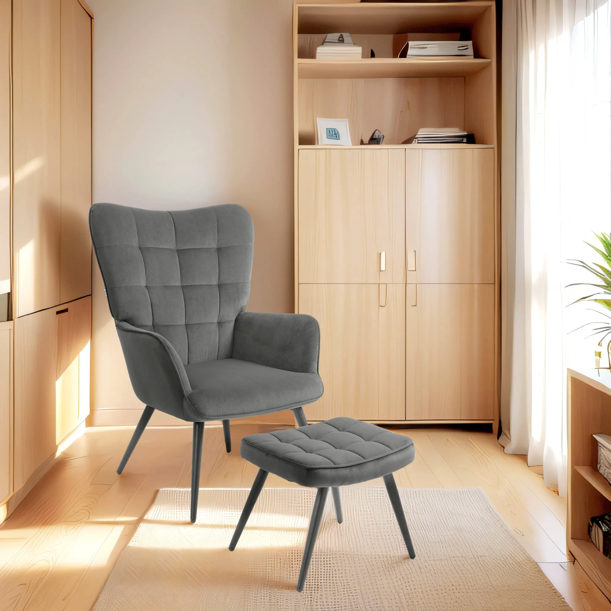 Upholstered Armchair with Armrests and Integrated Footrest in Dark Grey Velvet Effect Fabric - Image 2