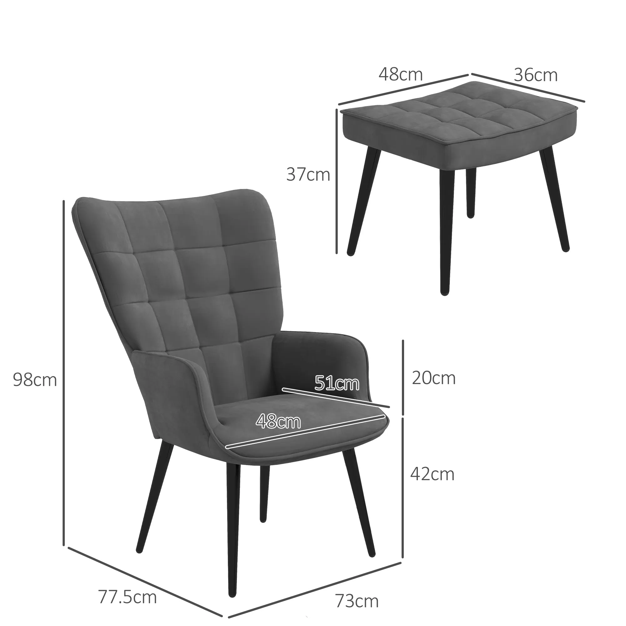 Upholstered Armchair with Armrests and Integrated Footrest in Dark Grey Velvet Effect Fabric - Image 3