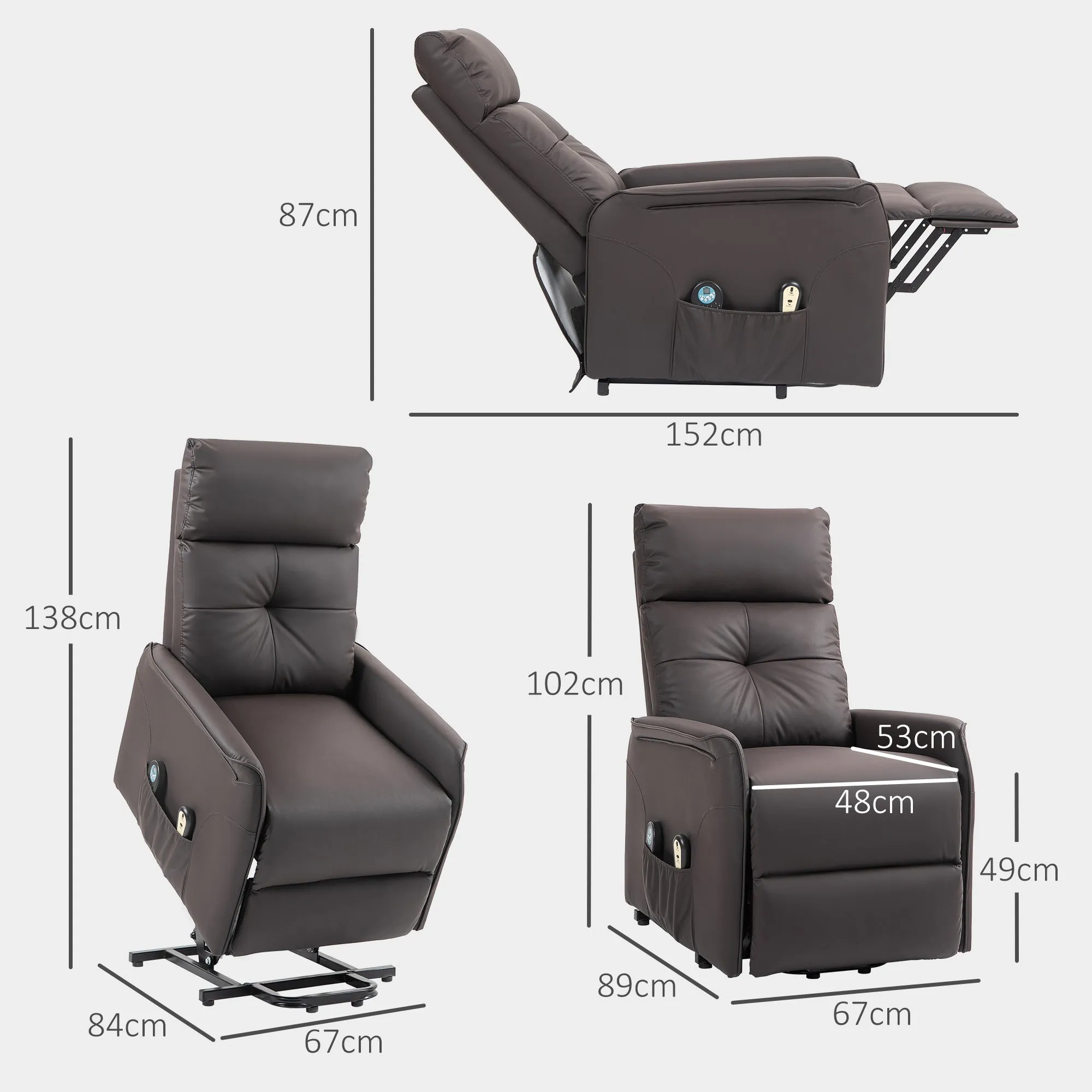 Lift and Recliner Relax Chair with 8 Massage Points and Heating, 2 Remote Controls, Brown - Image 3