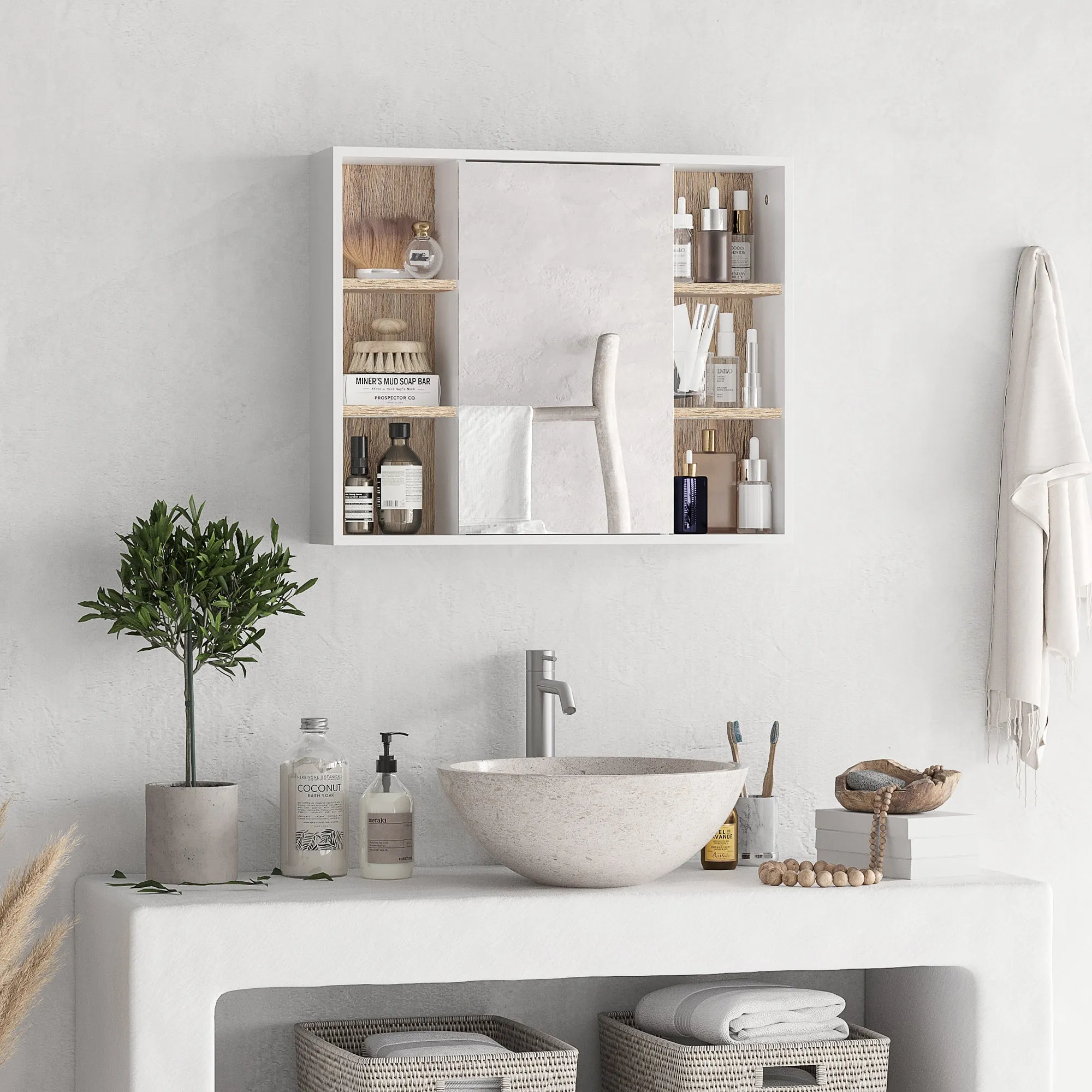 Mirror Cabinet in MDF and Chipboard with 3 Side Shelves and Adjustable Internal Shelf, 60x14.5x49.4 cm - Image 2