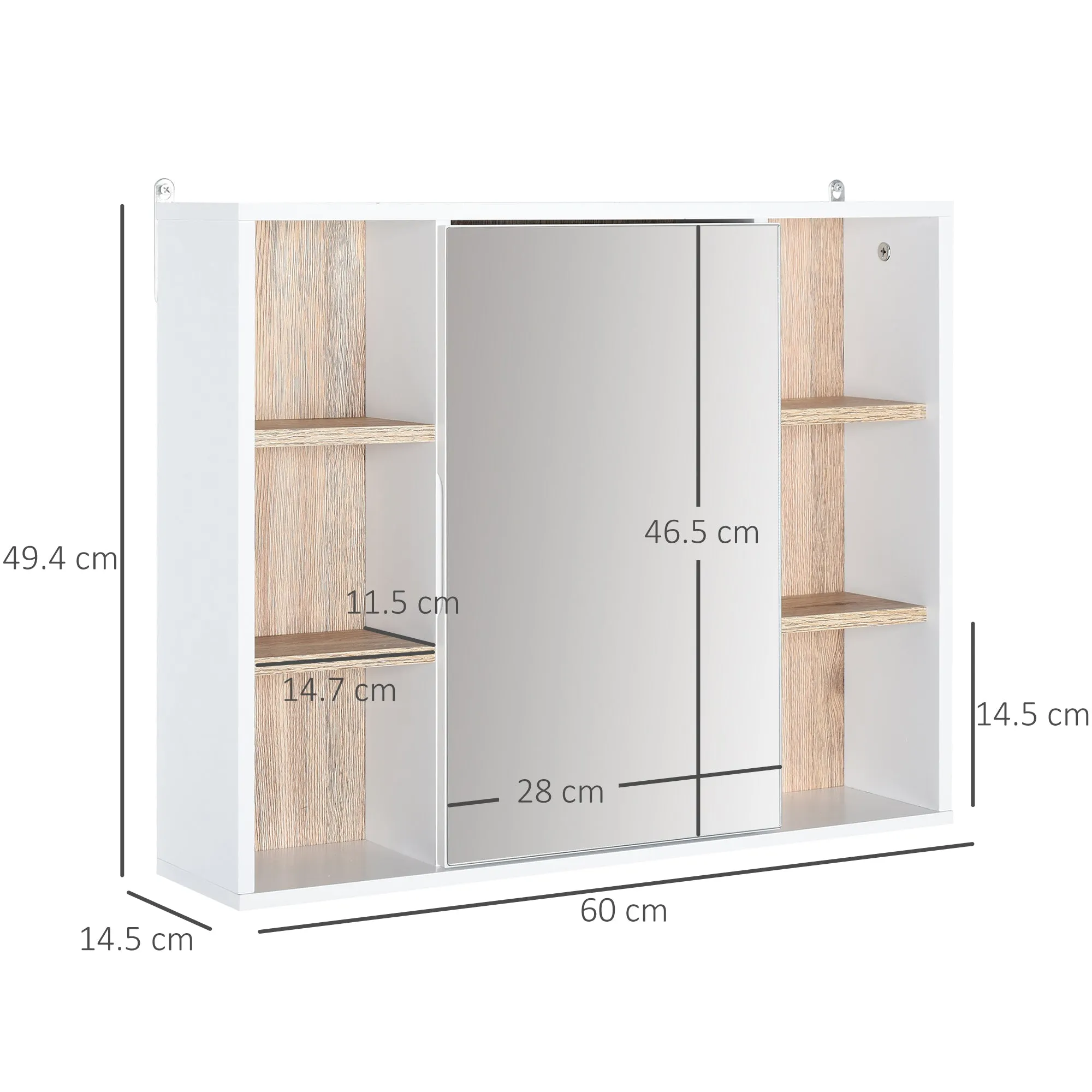 Mirror Cabinet in MDF and Chipboard with 3 Side Shelves and Adjustable Internal Shelf, 60x14.5x49.4 cm - Image 3