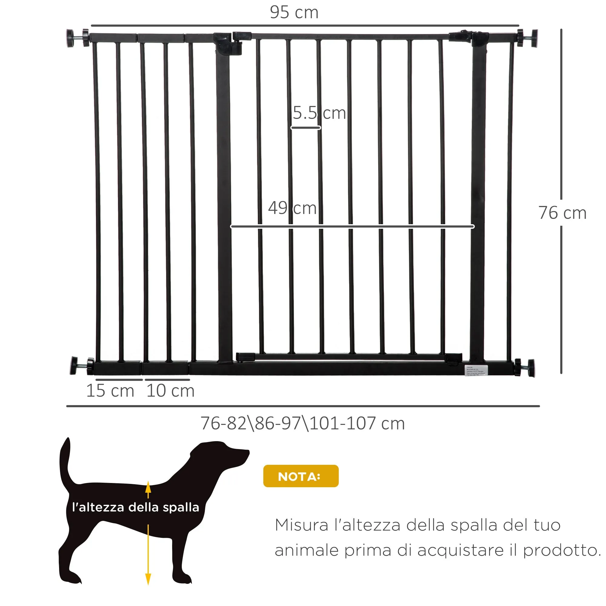 Extendable Dog Gate with Screws and Wide Opening, Metal and Plastic, 76-107x76 cm, Black 24 - Image 3