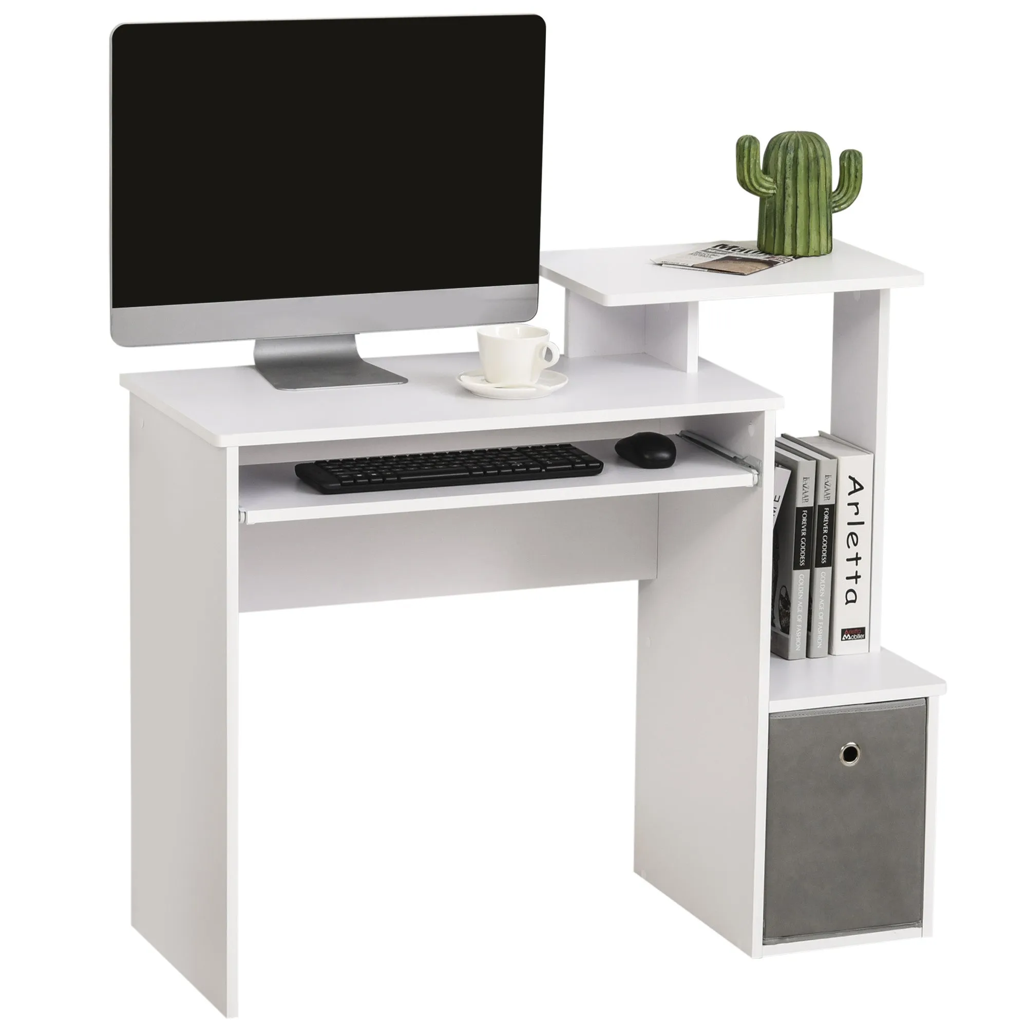 Modern PC Desk with Keyboard Shelf, Fabric Shelf and Drawer, Wooden, 100x40x86.6cm, White