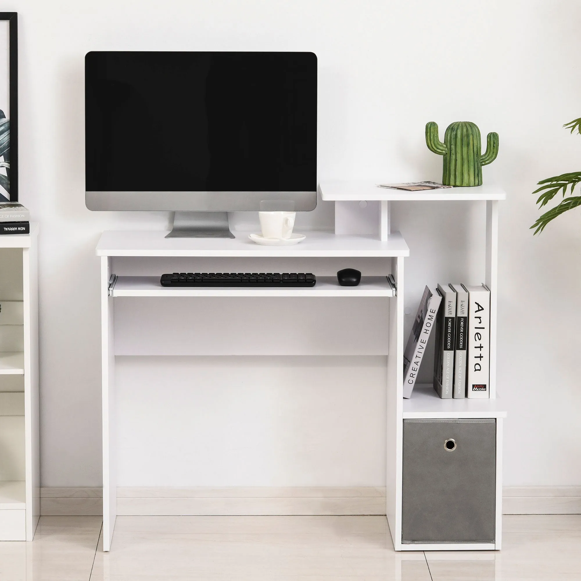 Modern PC Desk with Keyboard Shelf, Fabric Shelf and Drawer, Wooden, 100x40x86.6cm, White - Image 2