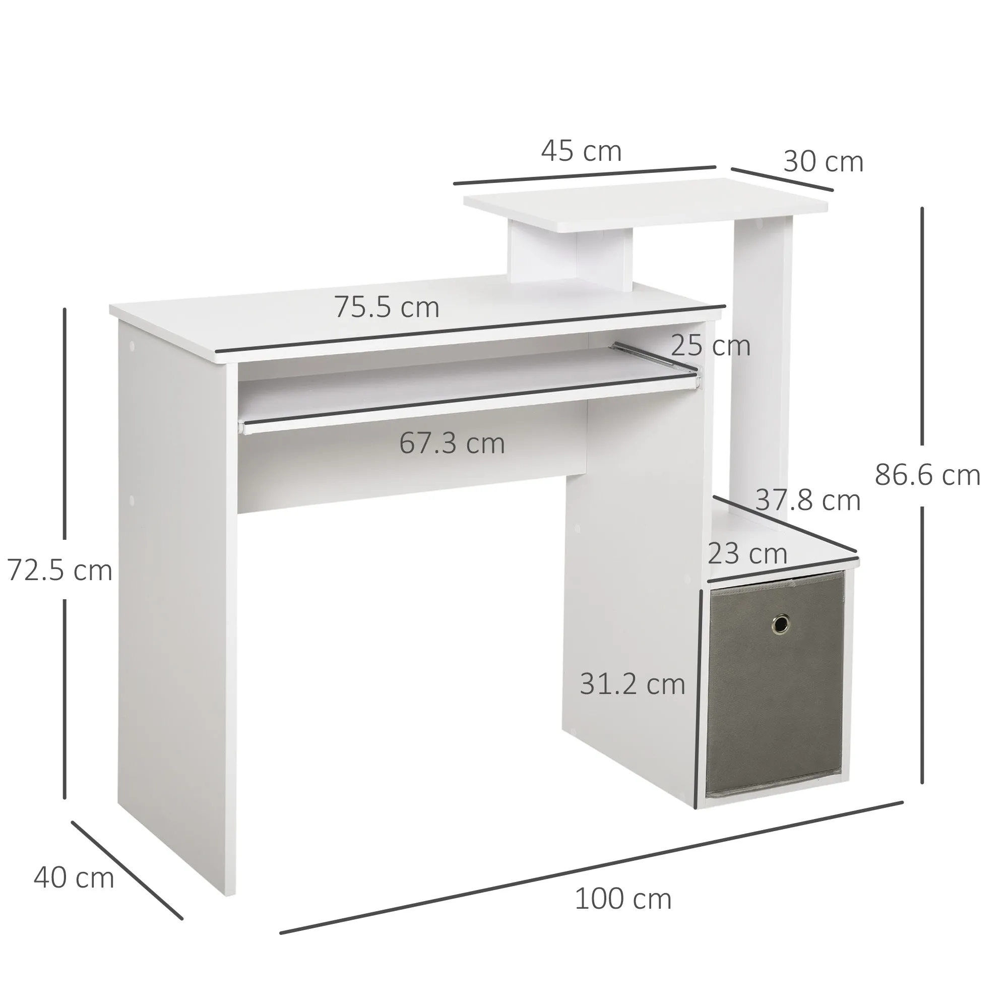 Modern PC Desk with Keyboard Shelf, Fabric Shelf and Drawer, Wooden, 100x40x86.6cm, White - Image 3