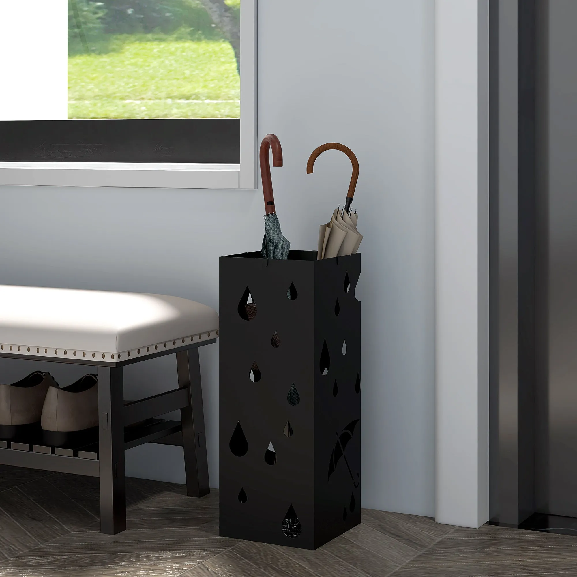 Metal Umbrella Stand with 4 Hooks and Drip Tray, 15.5x15. 5x41cm, Black - Image 2