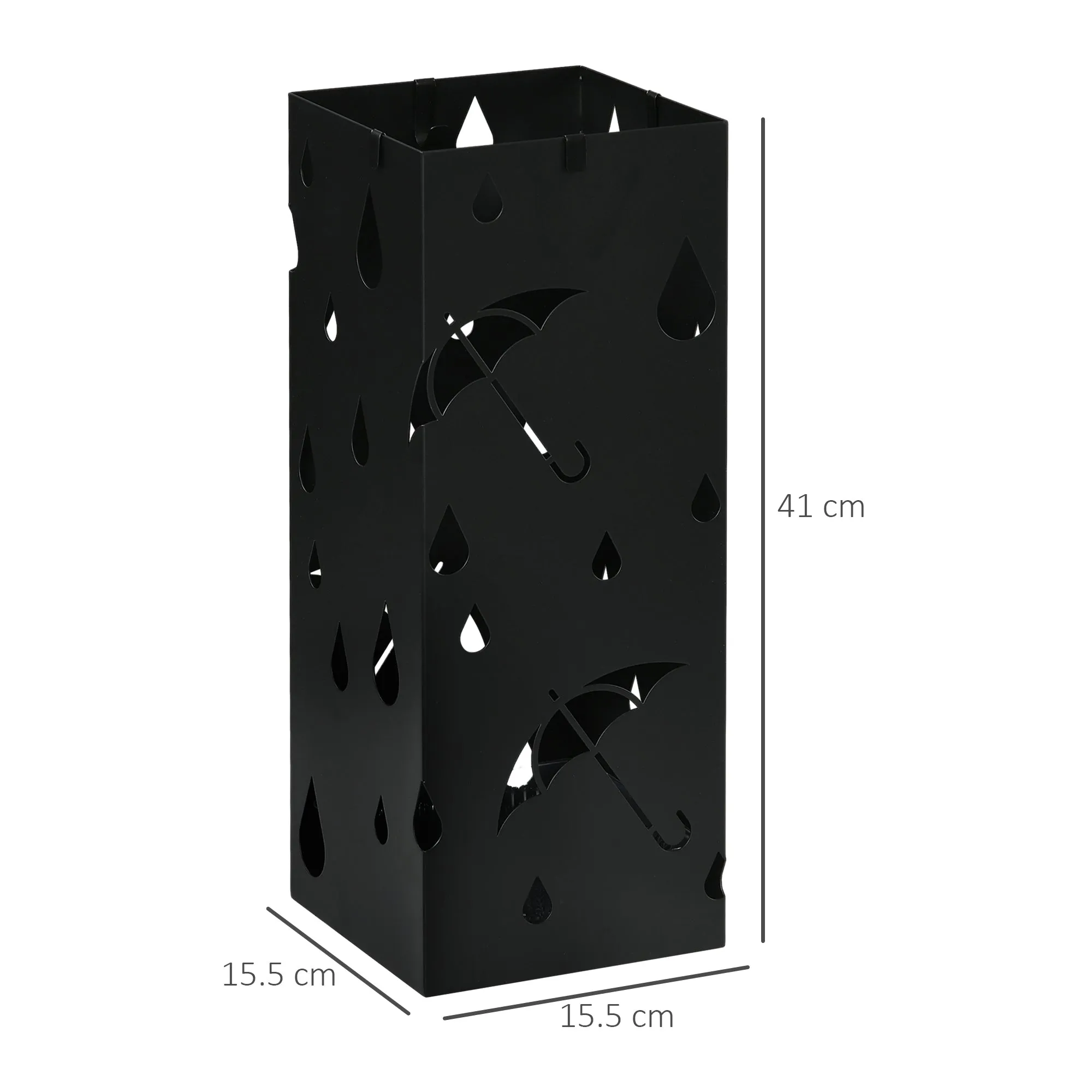 Metal Umbrella Stand with 4 Hooks and Drip Tray, 15.5x15. 5x41cm, Black - Image 3