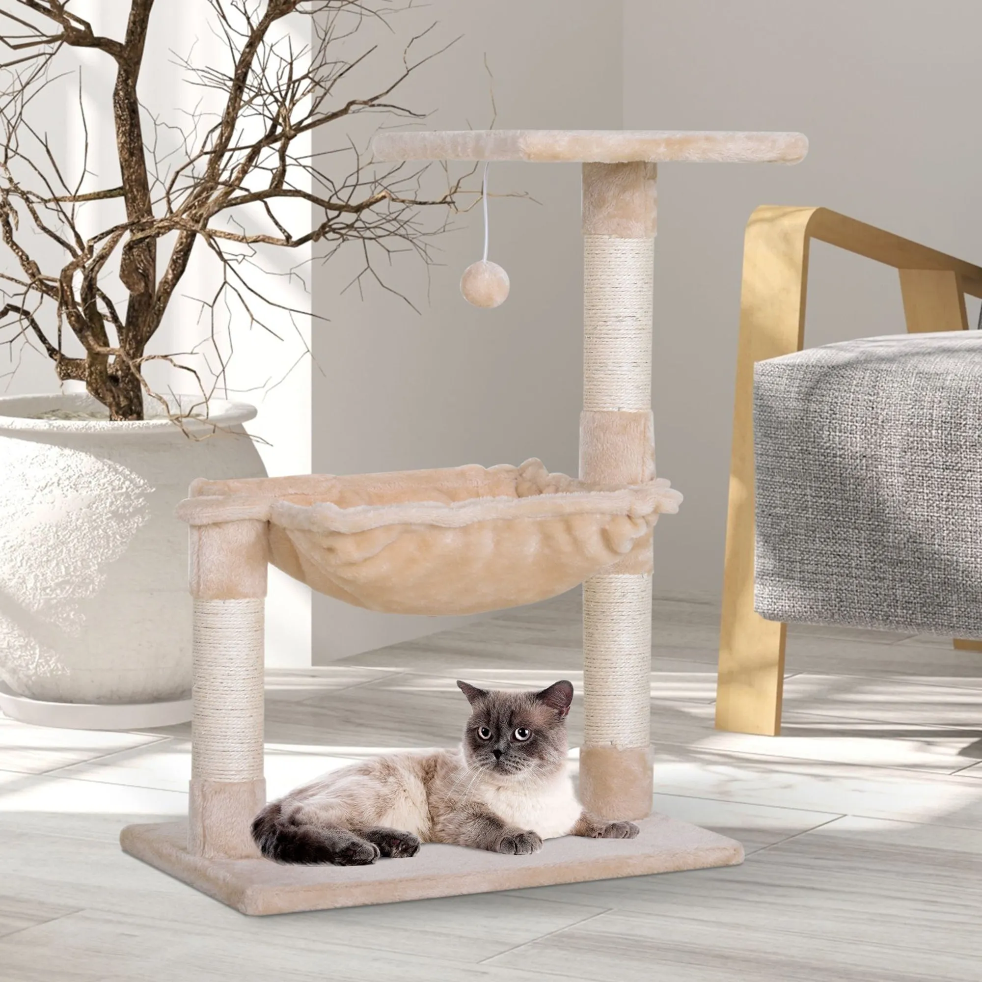 Cat Tower max 3.6kg with Hammock and Hanging Ball, in Wood and Plush, 50x36x70 cm, Beige - Image 2