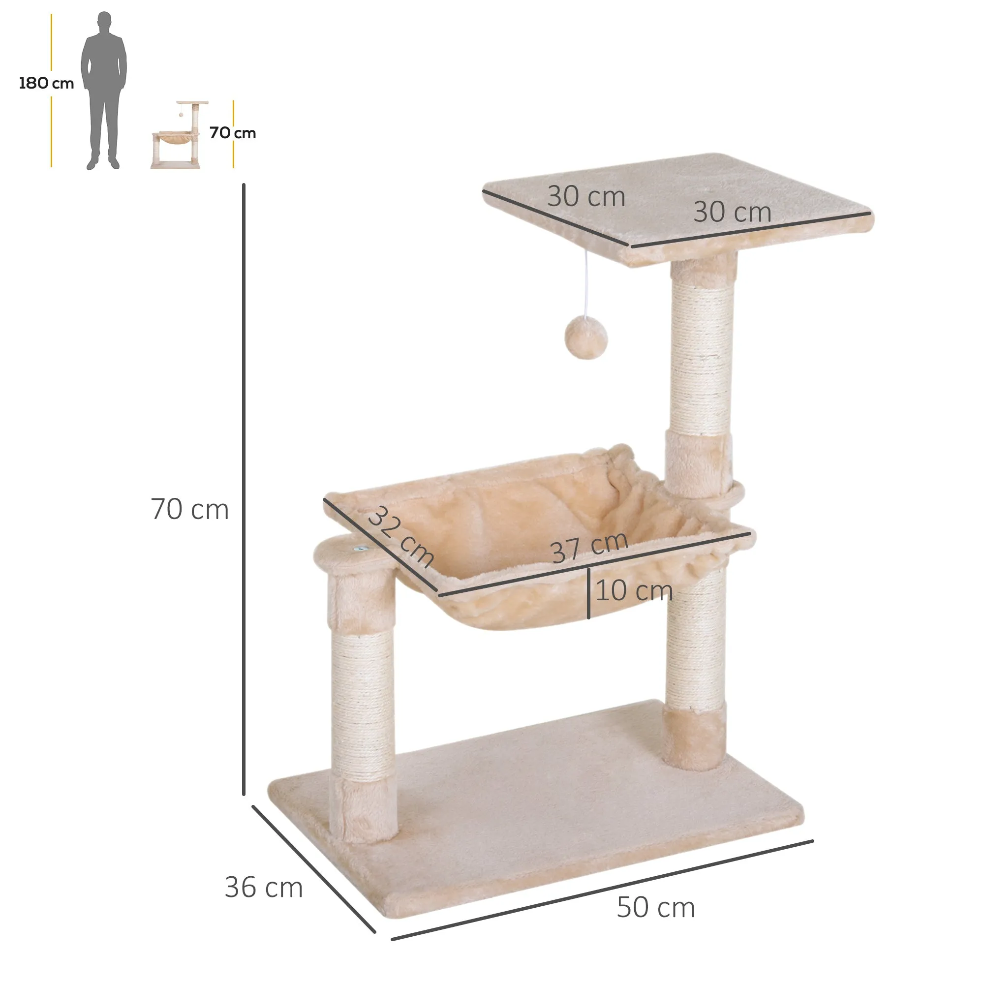 Cat Tower max 3.6kg with Hammock and Hanging Ball, in Wood and Plush, 50x36x70 cm, Beige - Image 3