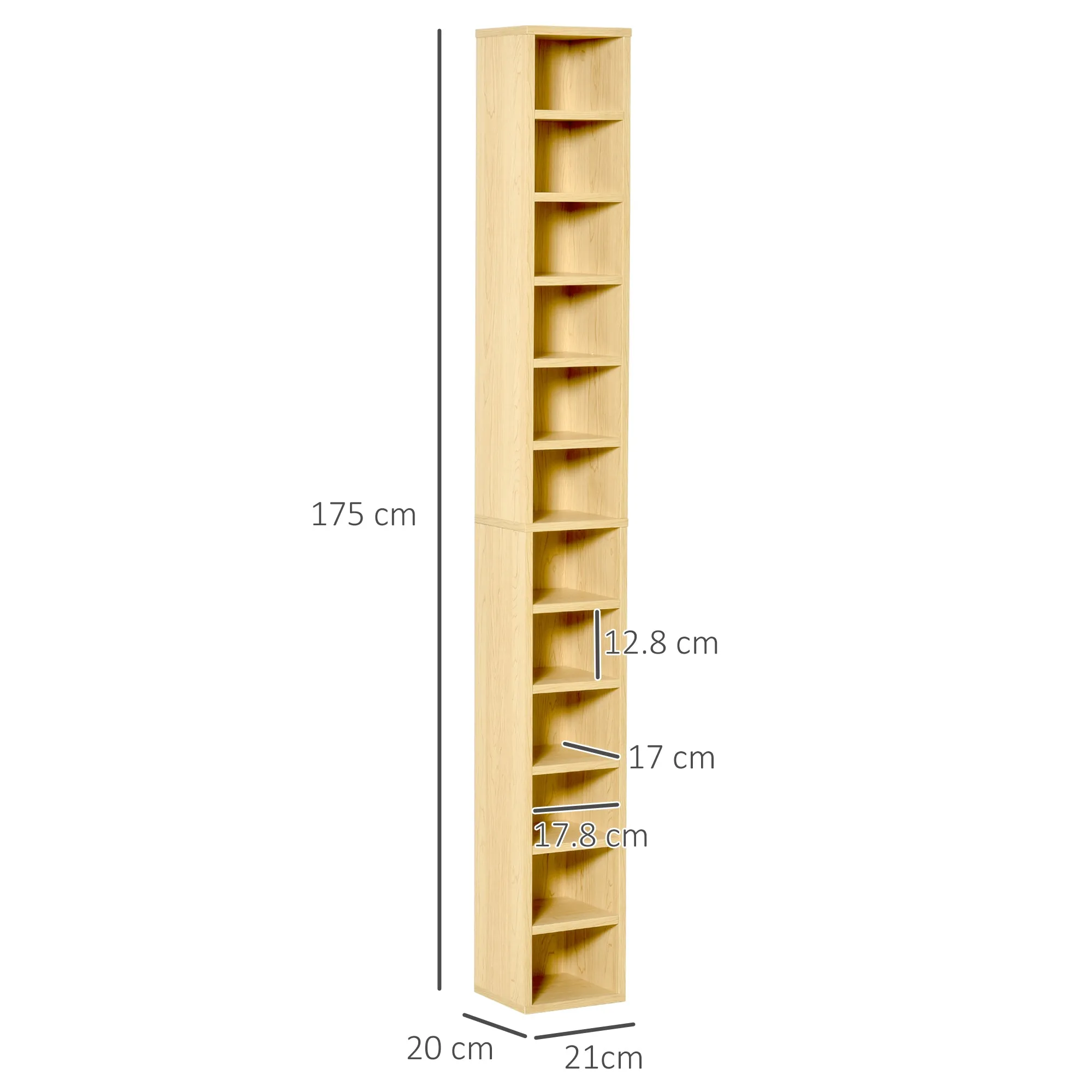 12-Tier CD Stand Bookcase for 204 CDs, in MDF and Chipboard, 21x20x175 cm, Wood color - Image 3