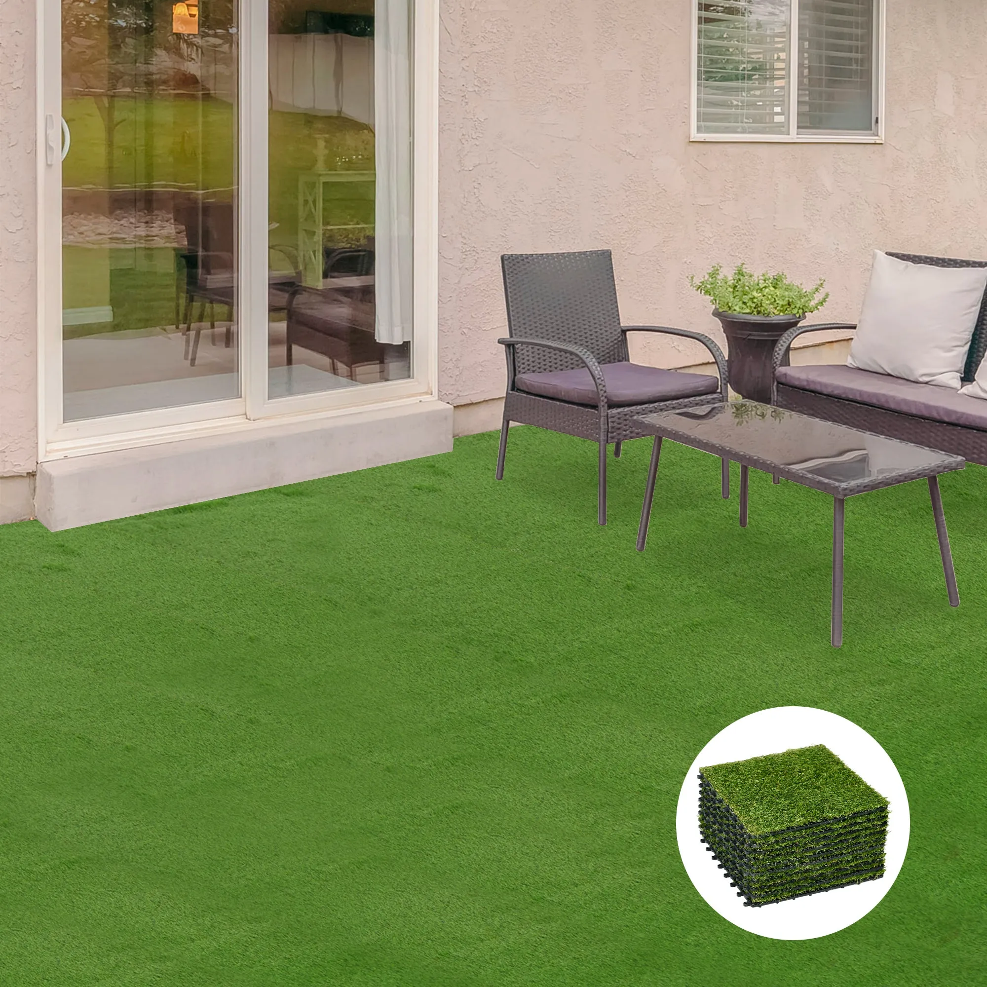30x30cm 10 Pieces Artificial Grass Garden Tiles, 6500 Density Artificial Lawn, Green - Image 2