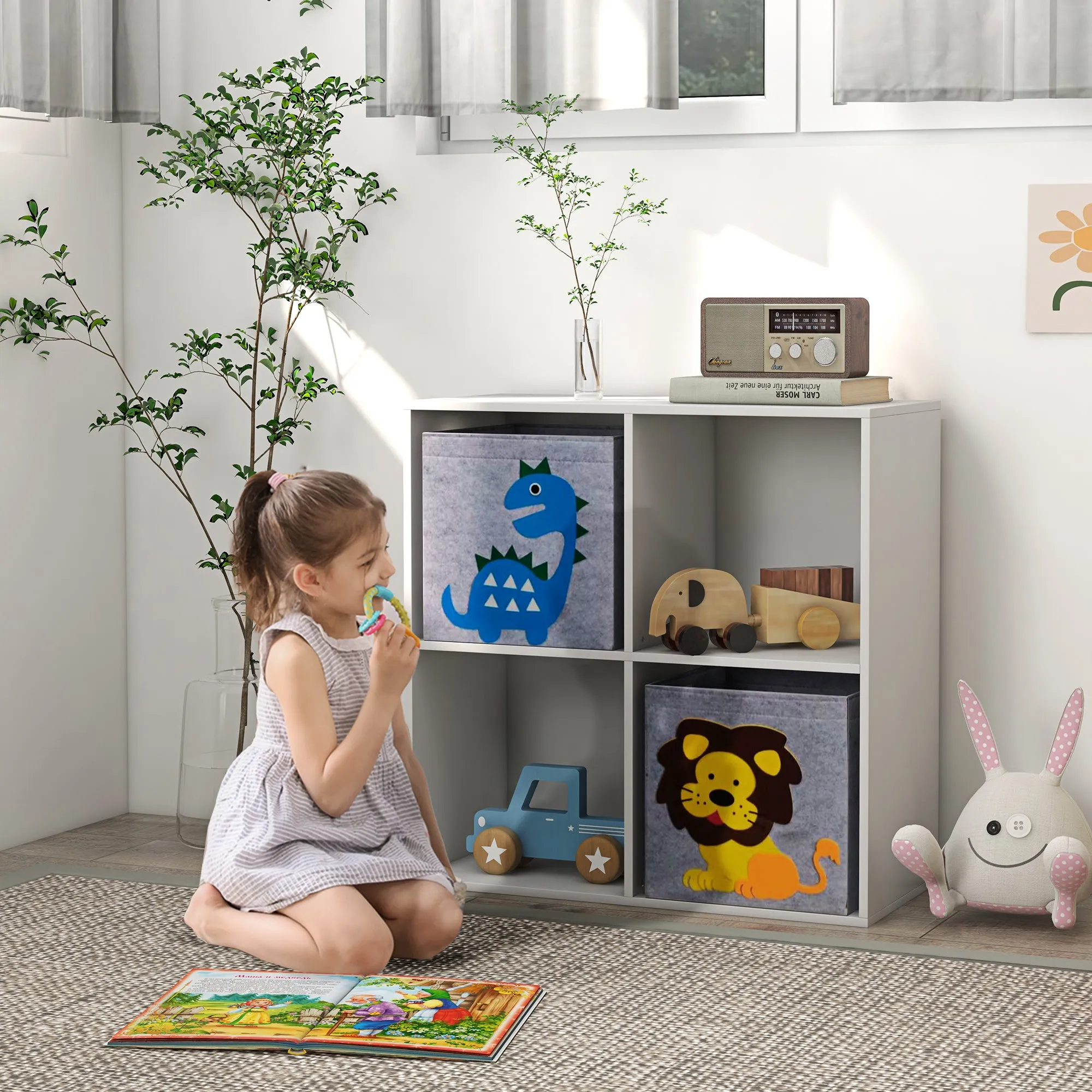 Children's Toy Storage Shelf with 4 Compartments and Containers, 61.8x29. 9x61.8cm, White - Image 2