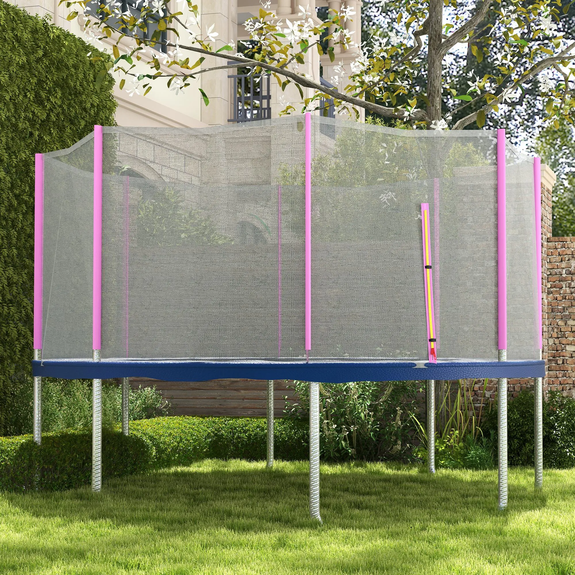 Trampoline Safety Net with Zippered Entrance, PE, Ø366x180 cm, Black and Pink - Image 2