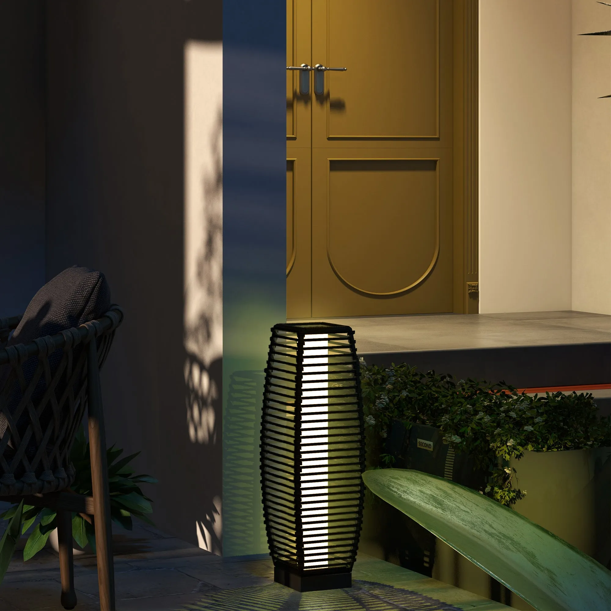 Solar Garden Lamp with Charging Panel, Steel and Rattan, 20x20x68 cm, Black - Image 2