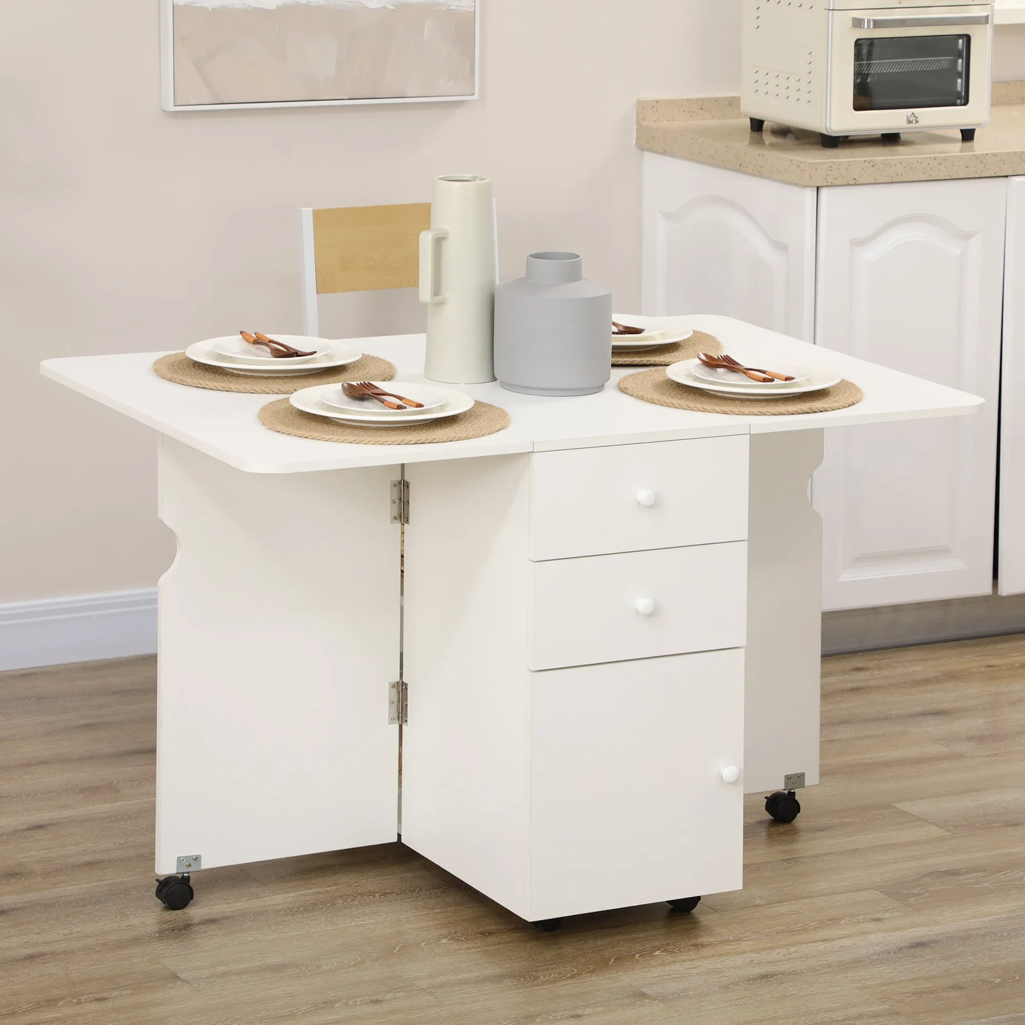 Kitchen Table with Drop-Leaf Top, 2 Drawers and Cabinet with Doors, Chipboard, 120x80x75 cm, White - Image 2