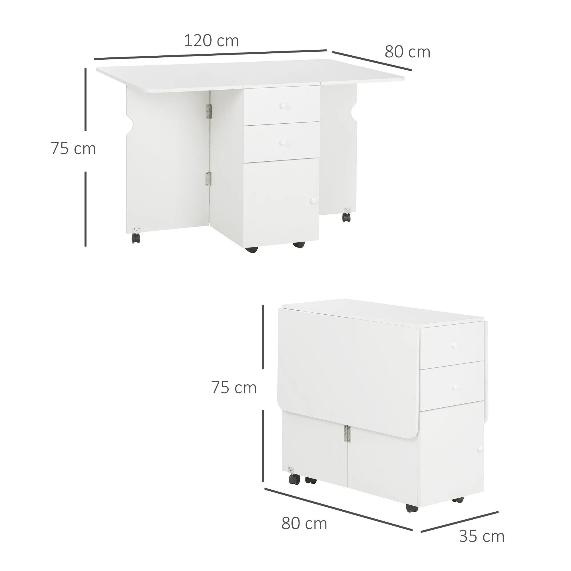 Kitchen Table with Drop-Leaf Top, 2 Drawers and Cabinet with Doors, Chipboard, 120x80x75 cm, White - Image 3