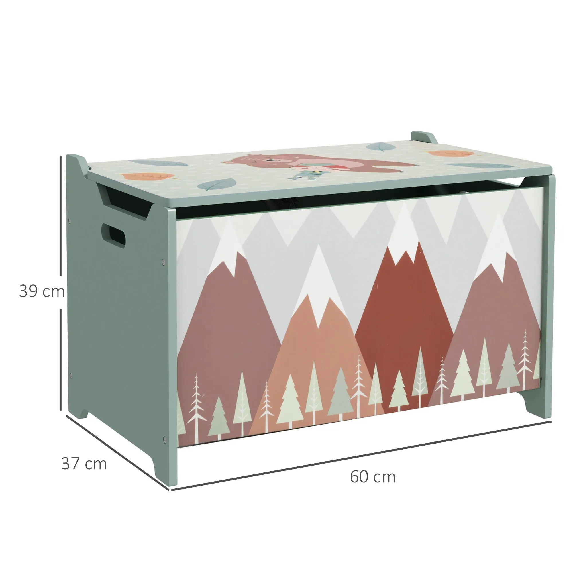 Children's Toy Box with Lid and Safety Hinge in MDF, 60x37x39cm, Green - Image 3