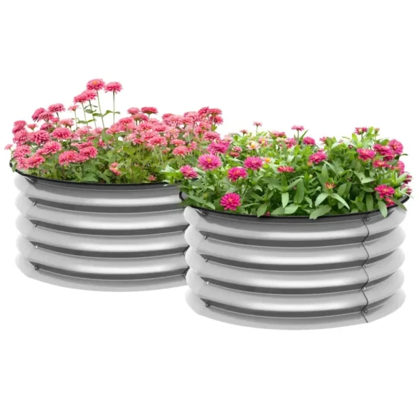 Set of 2 Raised Garden Beds in Galvanized Steel with Open Bottom, Ø60x30cm, Silver