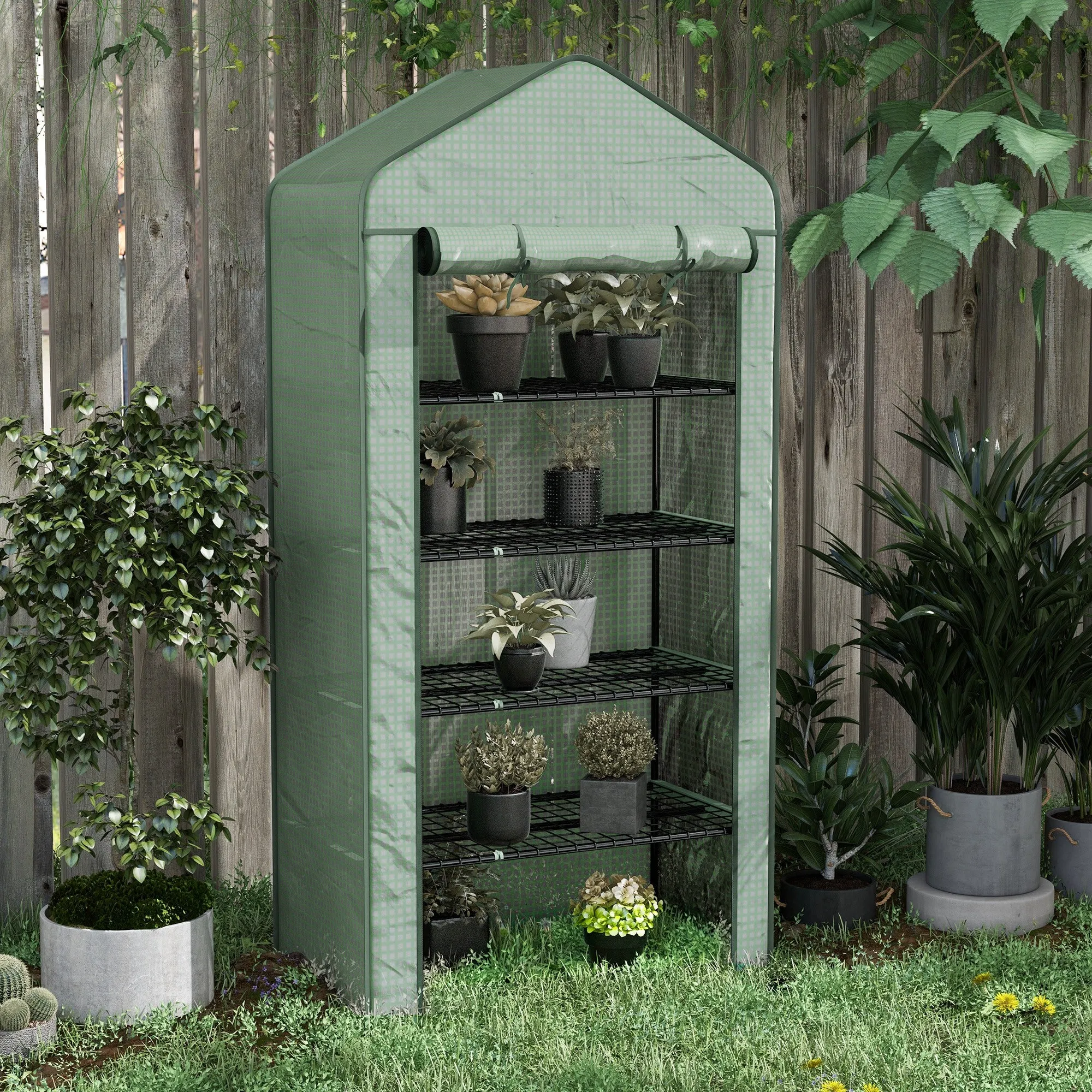 5-Tier Greenhouse with Roll-Up Entrance, Steel and Polyethylene, 90x49x193 cm, Green - Image 2