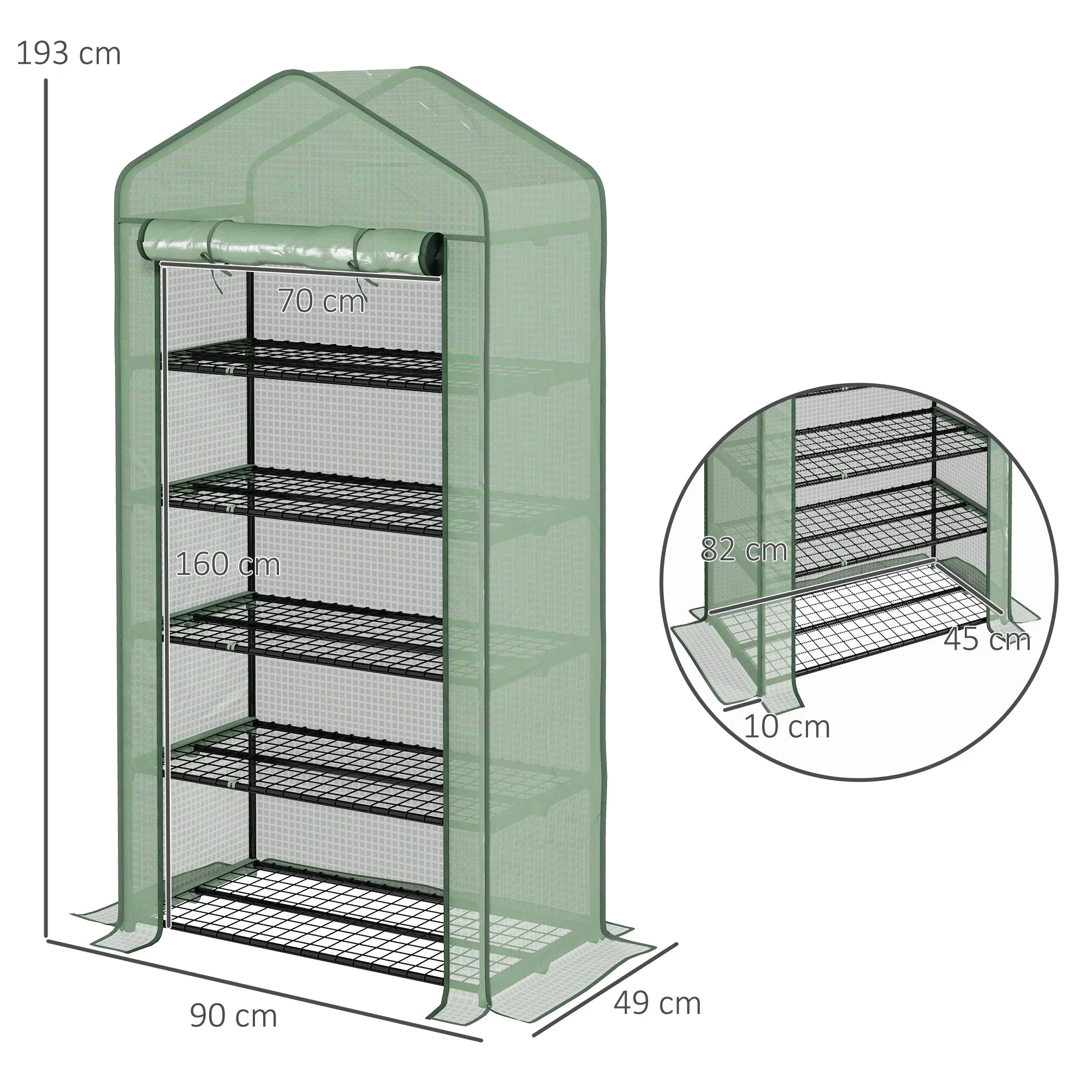 5-Tier Greenhouse with Roll-Up Entrance, Steel and Polyethylene, 90x49x193 cm, Green - Image 3