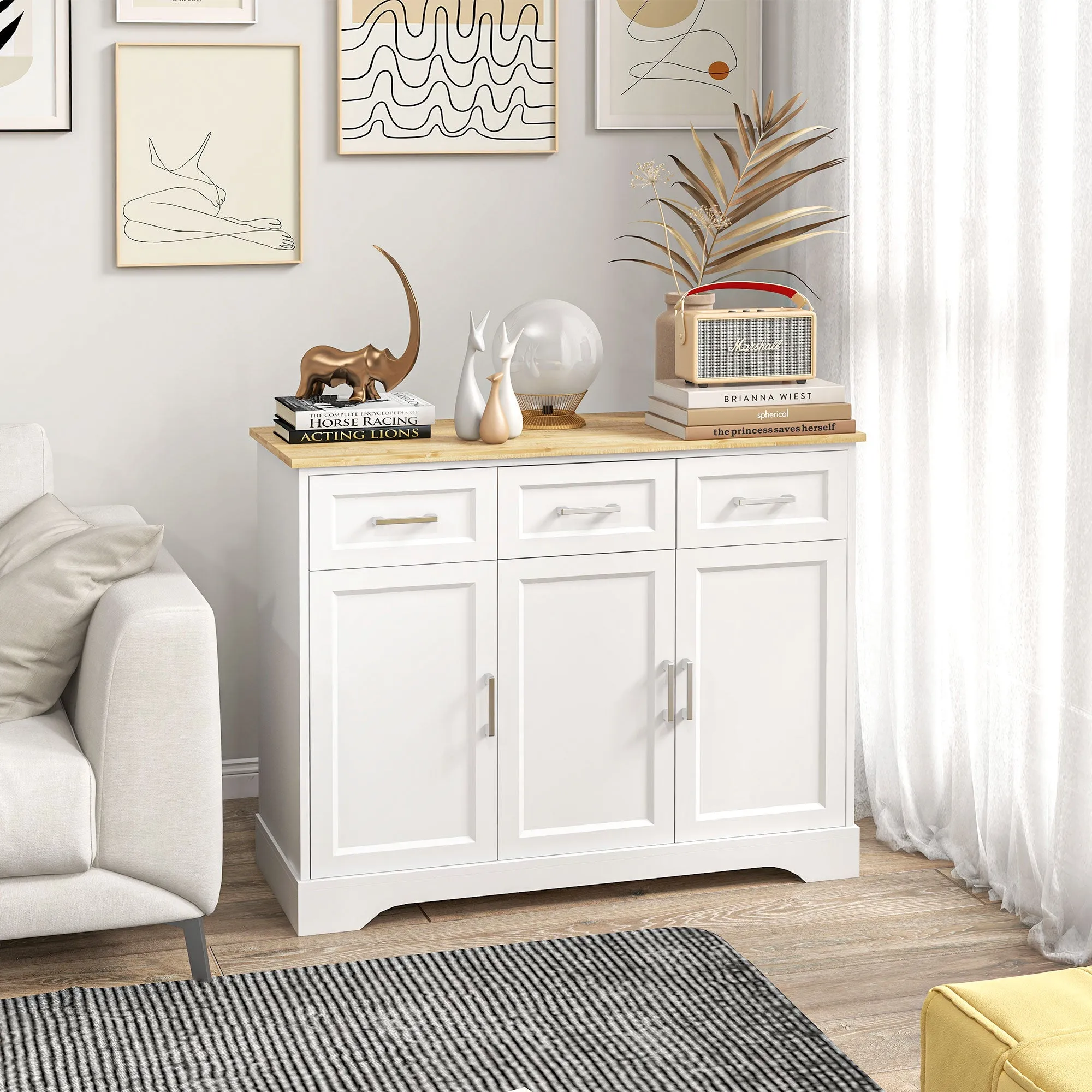 Modern Sideboard with 3 Drawers and 3 Doors in MDF and Chipboard with Adjustable Shelf, 101x39x82 cm, White - Image 2