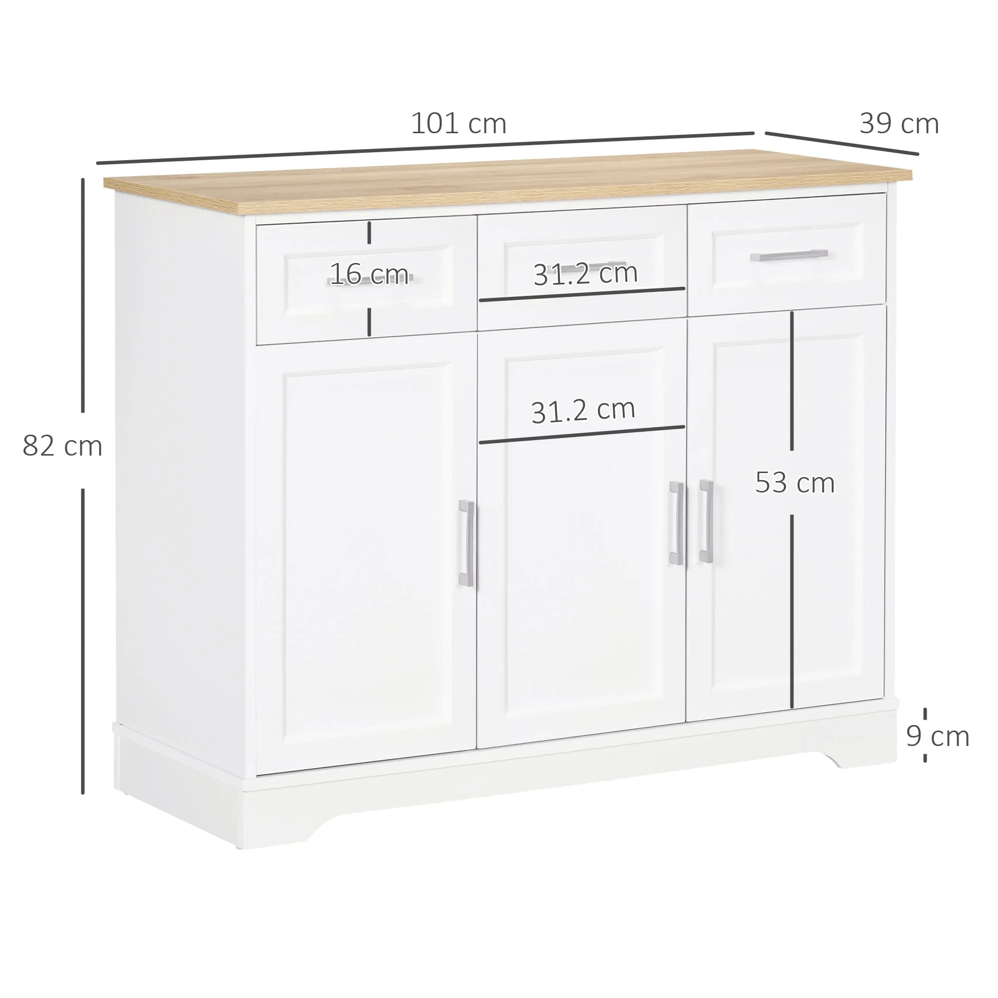 Modern Sideboard with 3 Drawers and 3 Doors in MDF and Chipboard with Adjustable Shelf, 101x39x82 cm, White - Image 3