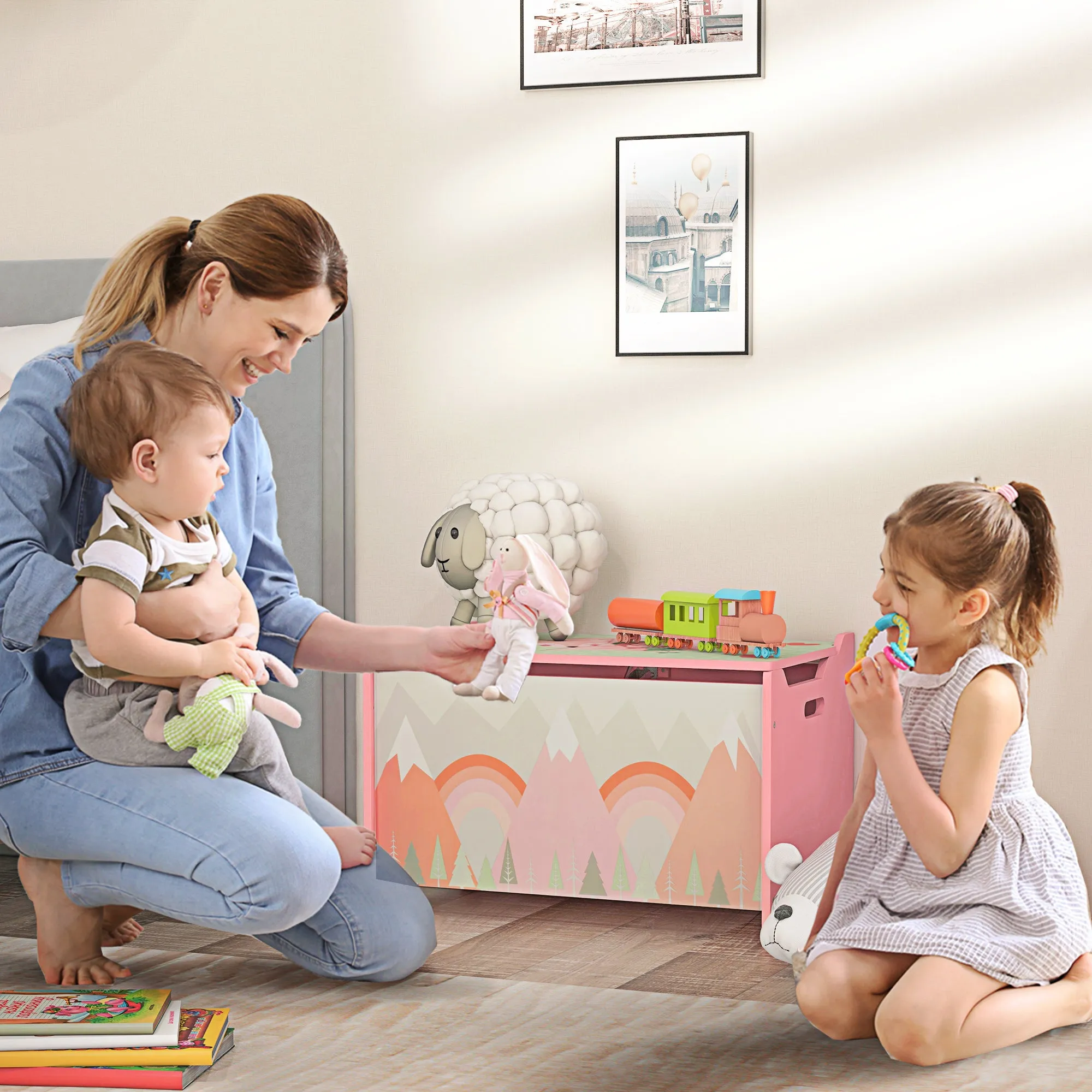 Children's Toy Storage Box with Lid and Safety Hinge in MDF, 60x37x39cm, Pink 4.8 - Image 2