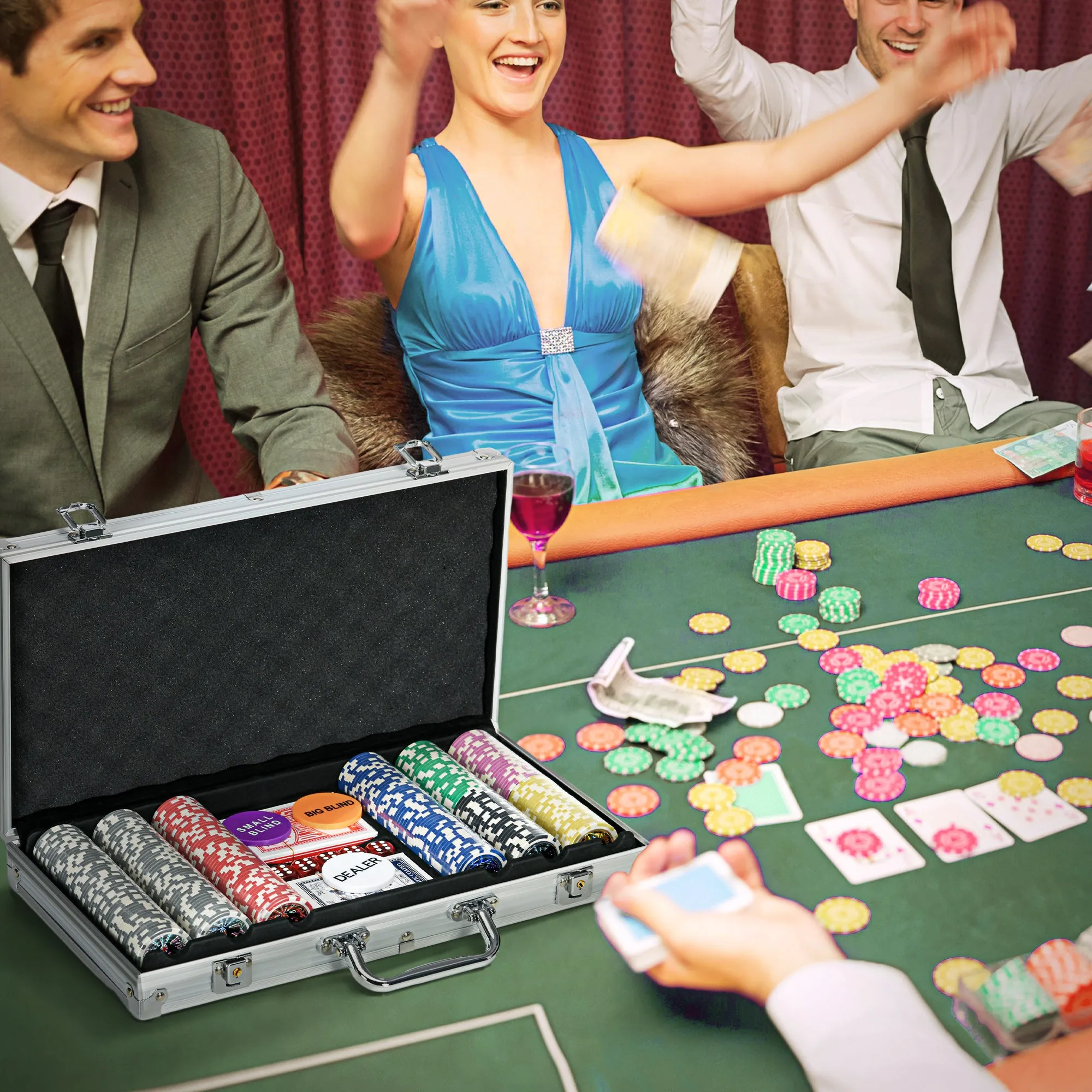 Poker Set for 7-8 Players with 300 Chips, 2 Decks of Cards and 5 Dice, in Aluminum and Polyester - Image 3
