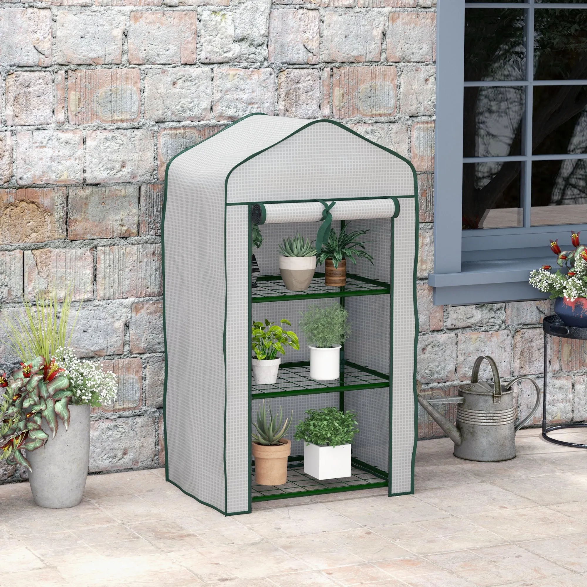 Mini Garden Greenhouse with PE Cover, 3 Shelves and Roll-Up Door, 59x39x127cm, White - Image 2